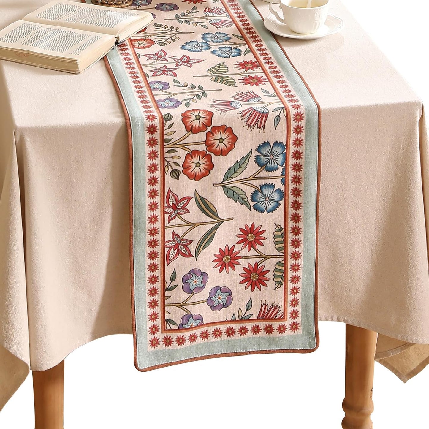 Decorative Linen Small Table Runner 63 Inches Long,Green Floral Rustic Fall Runner for Table Decor Tabletop Table Runners for Kitchen,Dining,Party,Home,Christmas,12"*63"