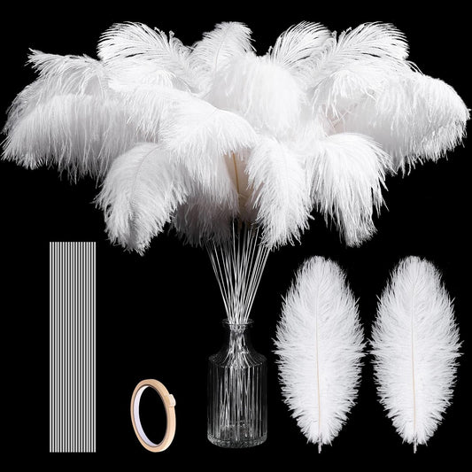 Hanaive 150 Pcs Ostrich Feathers Set Bulk Plumes 12-14 Inch (30-35cm) 70 Pcs Large Ostrich Feathers with 80 Sticks and Tape for DIY Crafts Wedding Home Party Centerpiece Decorations(White)