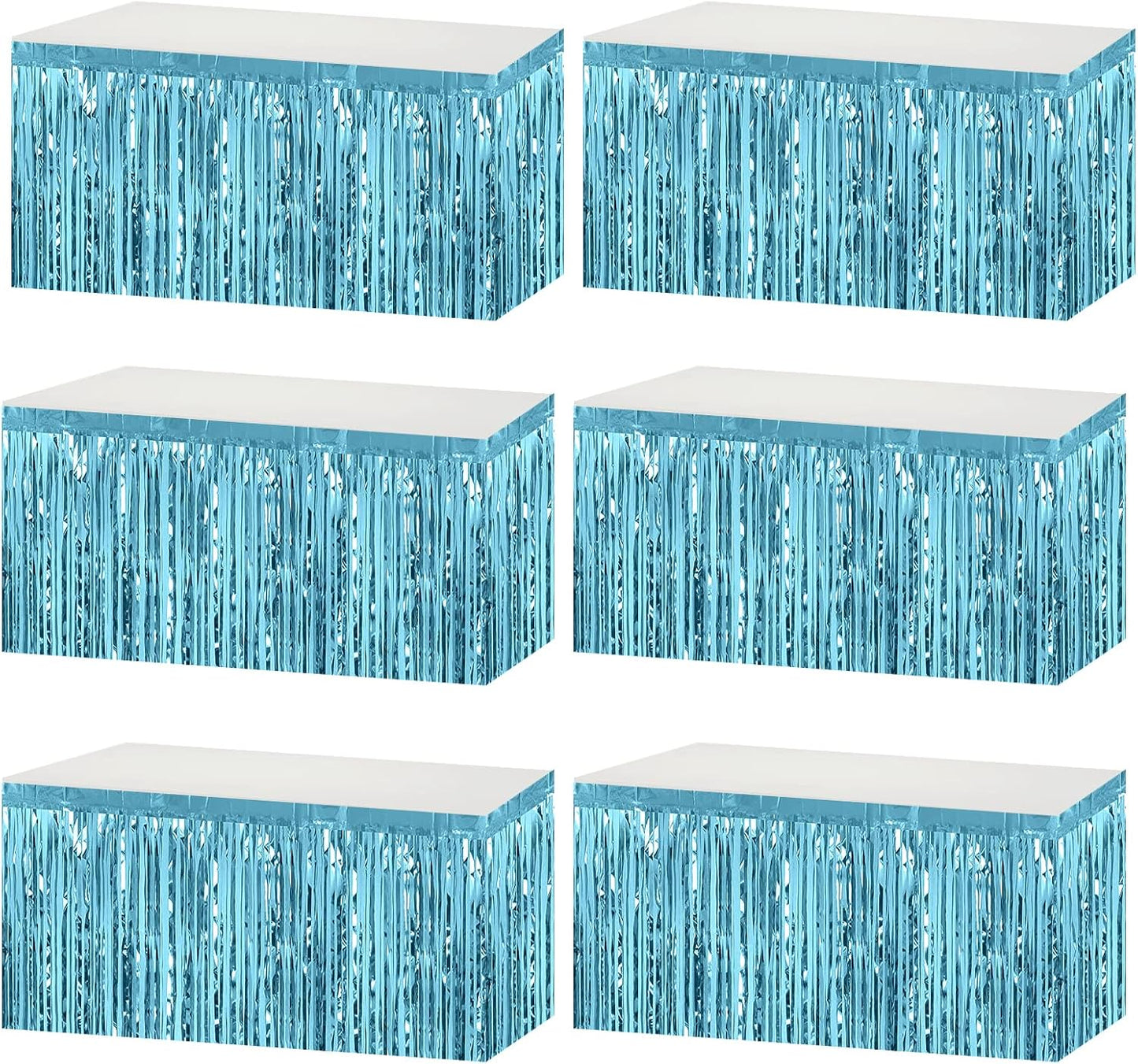 6 Pack 29x108 Inch Metallic Foil Fringe Tinsel Table Skirts Banner for Rectangle Tables Streamer Garland Backdrop for Wedding, Birthday, Parade Floats, Halloween Party Decoration(Light Blue)