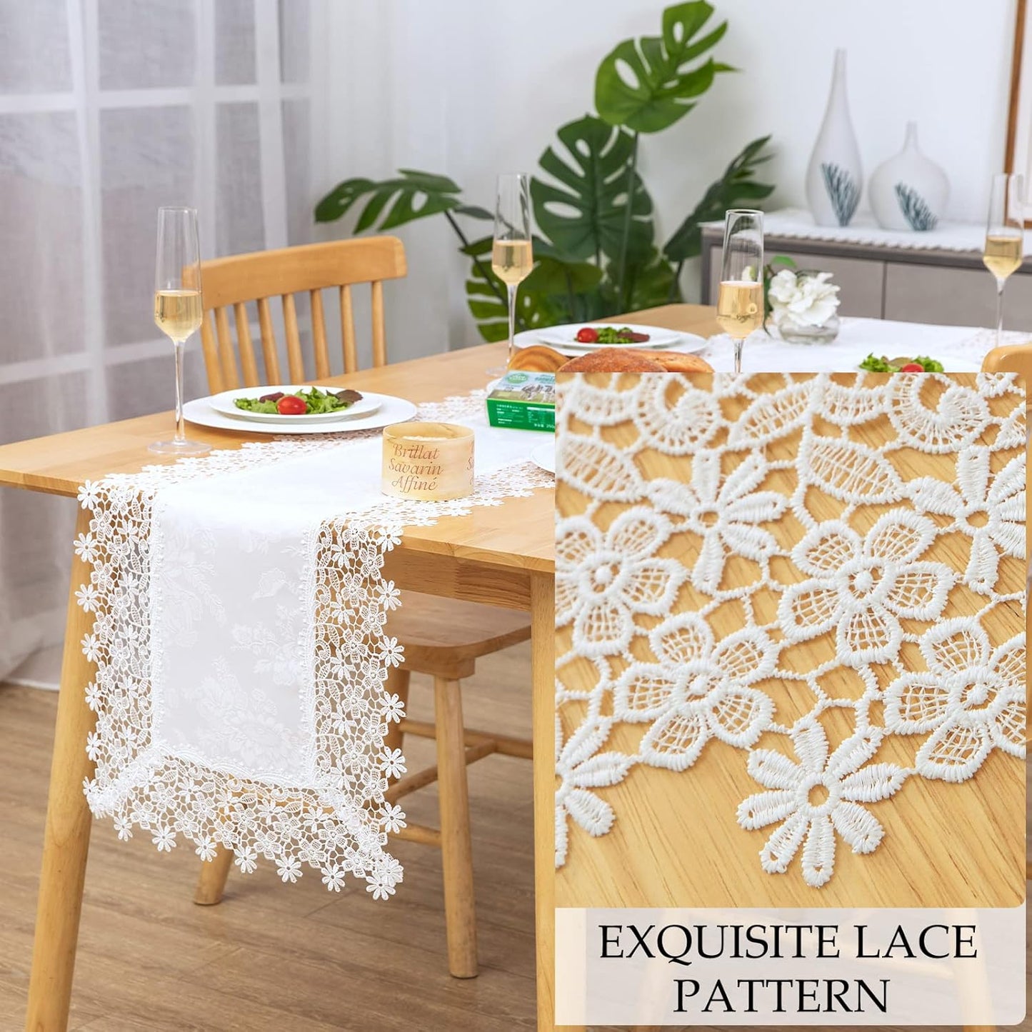 White lace Premium Rectangle Farmhouse Table Runner Waterproof OilProof SpillProof AntiShrink Soft Wrinkle Resistant Decorative Fabric Table Cover Kitchen Dinning Party Wedding Banquet