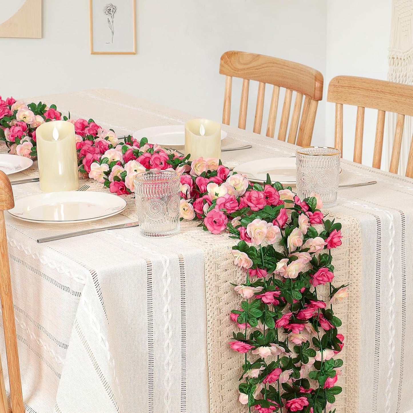 KHOYIME 18 Pack 144 FT Artificial Flower Garland, Fake Pink Roses Vines Silk Flowers Faux Plastic Outdoor Hanging Floral Ivy Garland Decoration for Wedding Arch Bedroom Home Wall Backdrop Room Decor