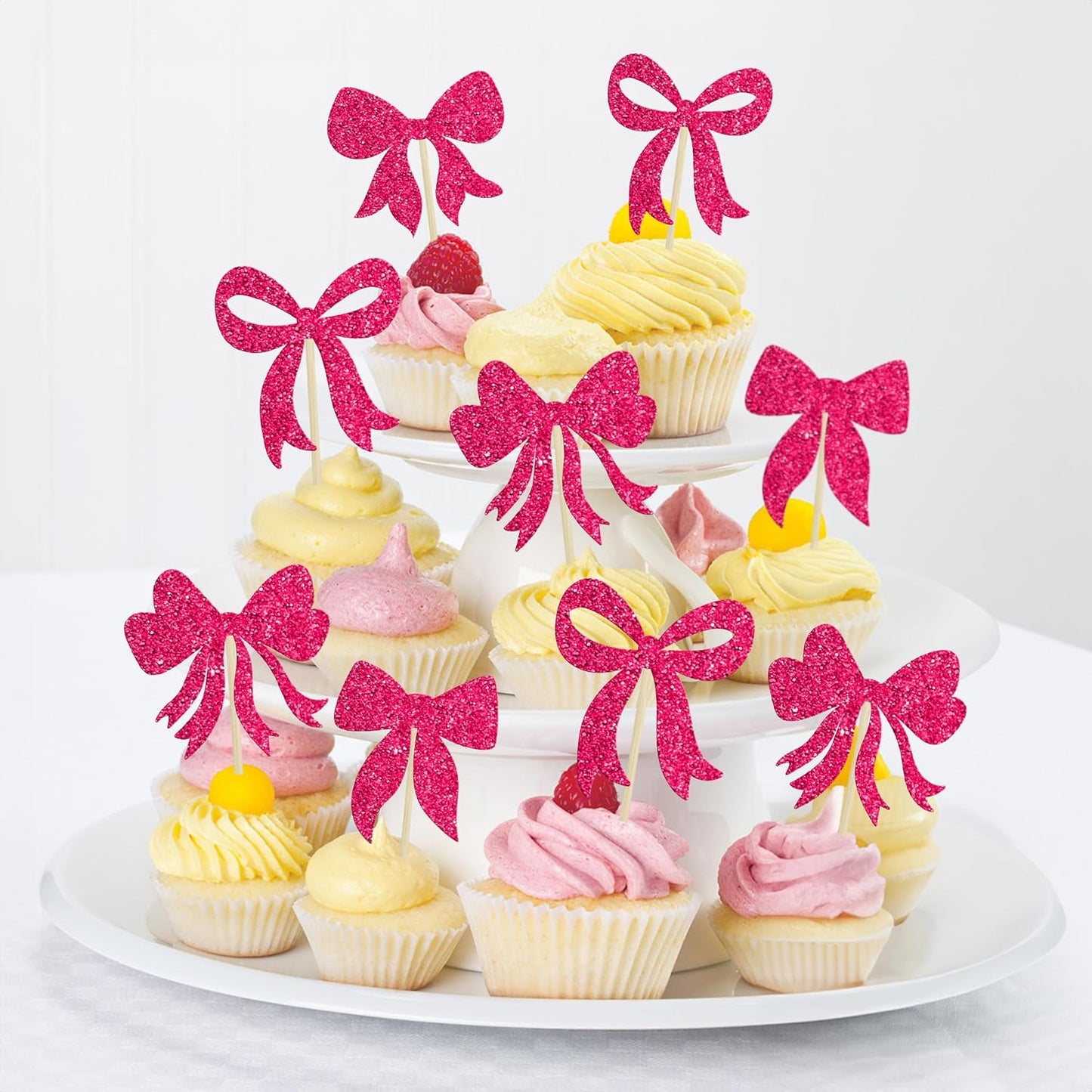 Gyufise 36Pcs Bow Cupcake Toppers Glitter Bowknot Cupcake Picks Bow Tie Birthday Decorations Princess Bow Cupcake Decorations for Bowknot Theme Baby Shower Birthday Party Supplies Rose Red