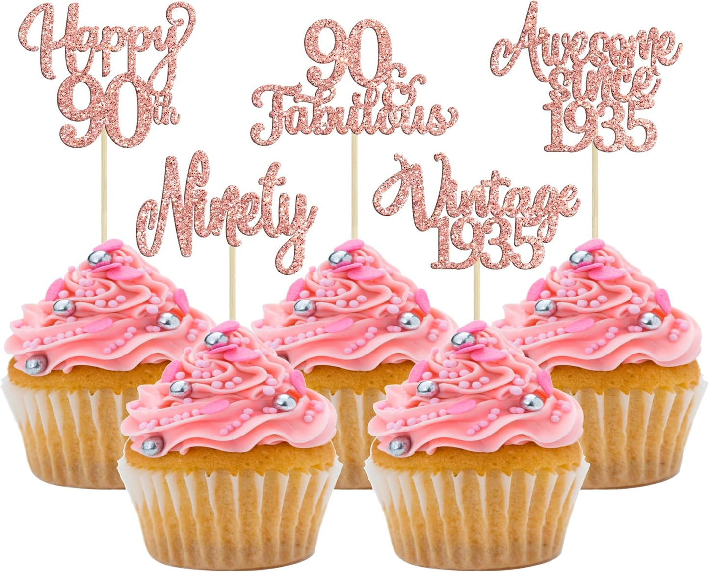 30Pcs Vintage 1935 Cupcake Toppers Glitter Ninety 90 Fabulous Happy 90th Birthday Cupcake Picks Awesome Since 1935 Cake Decorations for 90th Birthday Anniversary Retirement Party Supplies Rose Gold