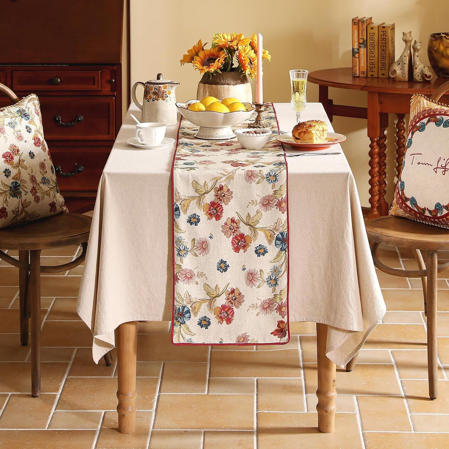 patdrea Designer Farmhouse Linen Thick Table Runner, Rustic Cottage Beige with Floral Pattern Fabric Table Mat, Decoration for Kitchen Dining Coffee Table Banquet Christmas , 12"*102"