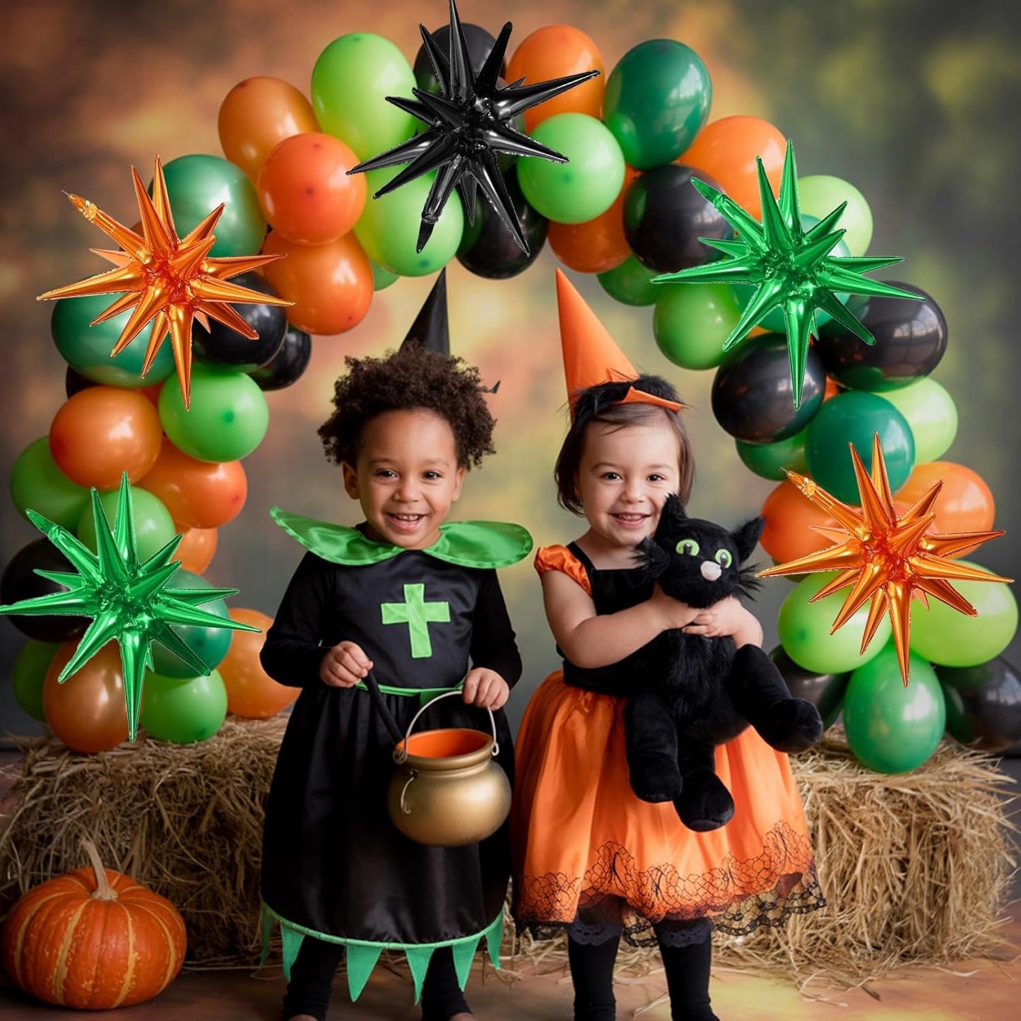 Black Green Orange Star Balloons,9Pcs 22Inch Black Orange Green Explosion Spike Cone Helium Polyester Film Star Foil Balloons for Halloween Birthday Baby Shower Party Decorations