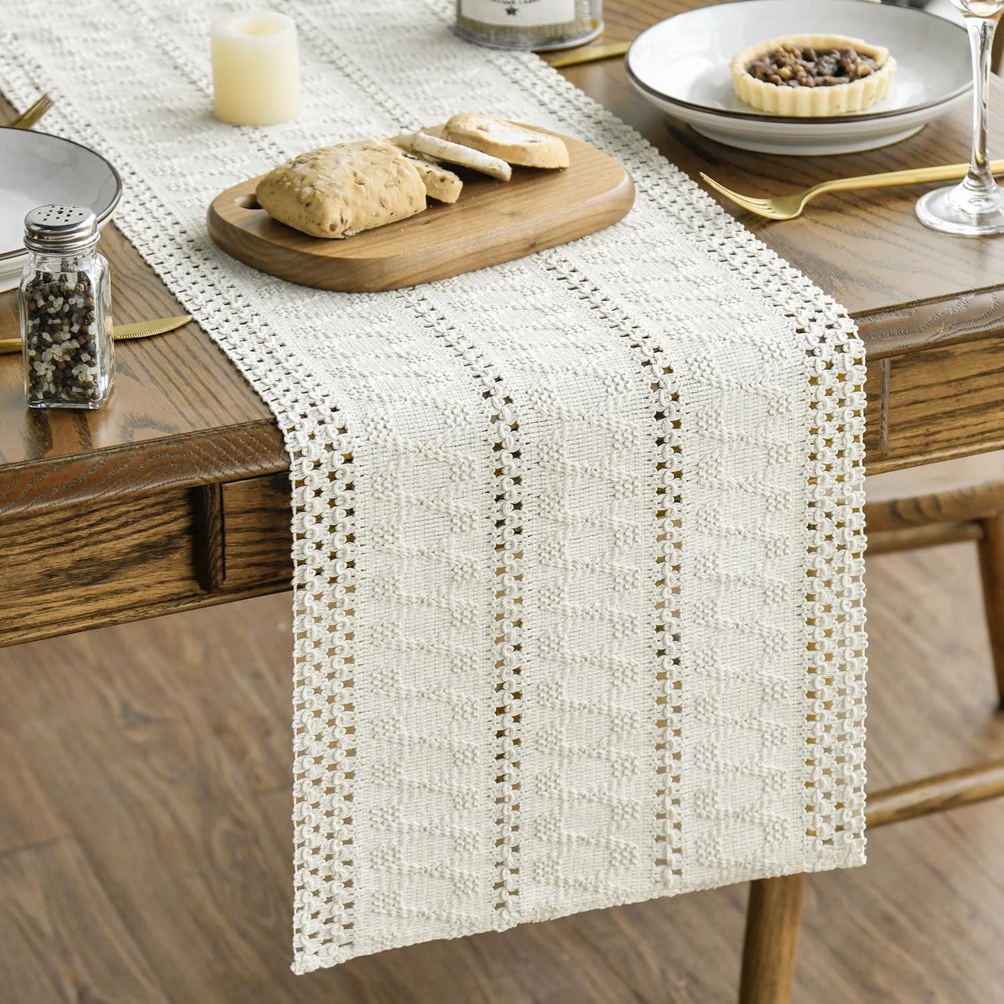 Artoid Mode Beige Farmhouse Woven Rustic Hollow Table Runner, Seasonal Holiday Hollow Kitchen Dining Table Decoration for Home Party Decor 12x72 Inch