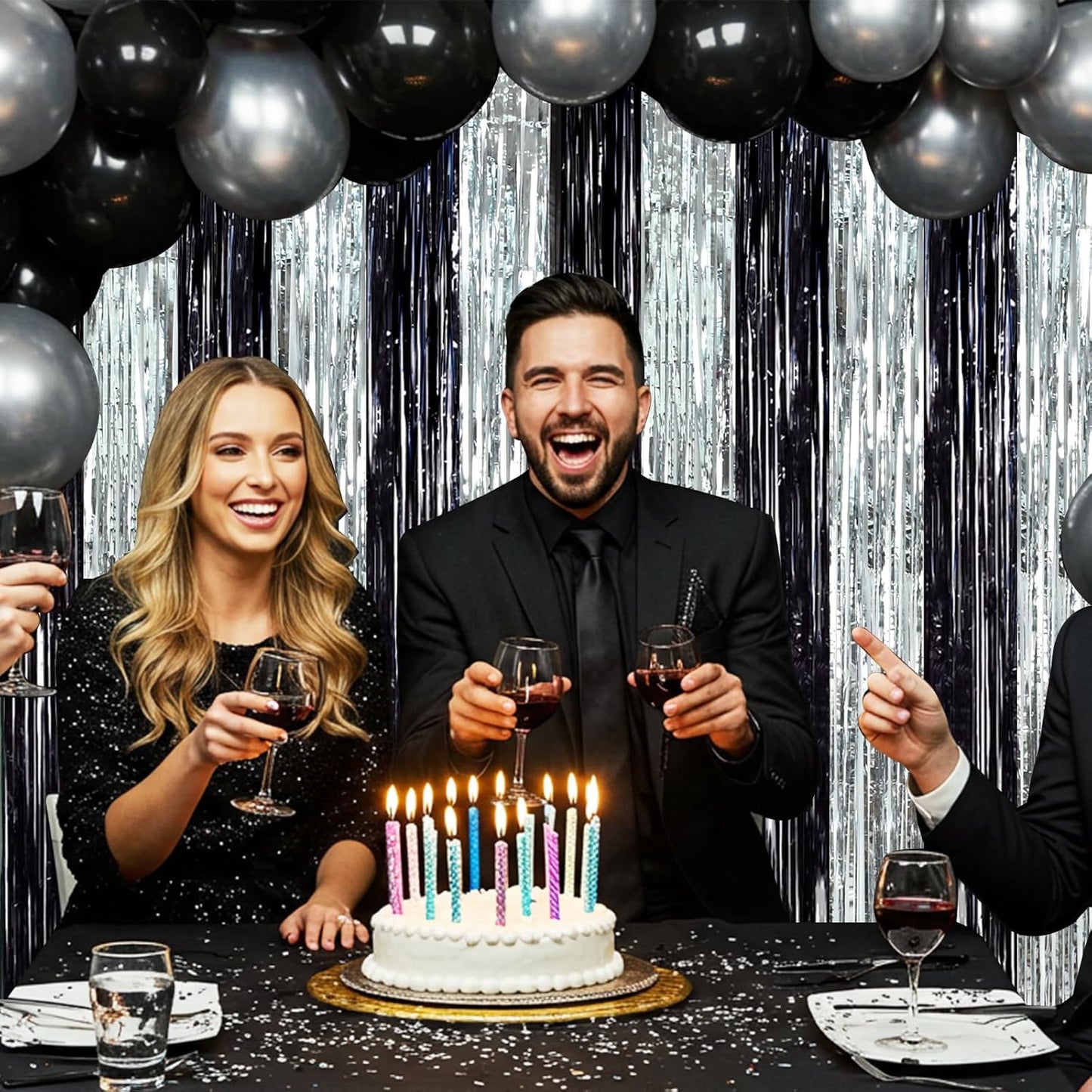 BEISHIDA 2Pcs Black Silver Door Streamers Congrats Grade 2025 Decoration Backdrop Foil Fringe Tinsel Party Streamers Curtains for Birthday Graduation Bachelorette Party Decoations (3.28 ft x 6.56 ft)