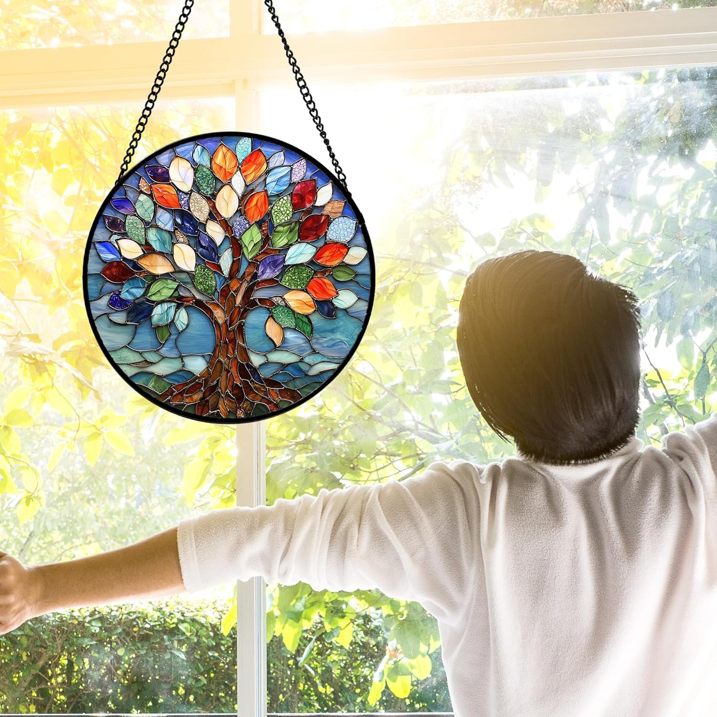 Stained Glass Window Hanging, Colorful Tree of Life Sun Catchers Glass Panel Blue Suncatcher Decor for Birthday for Women, Men, Wife, Aunt, and Mom 9.8 in