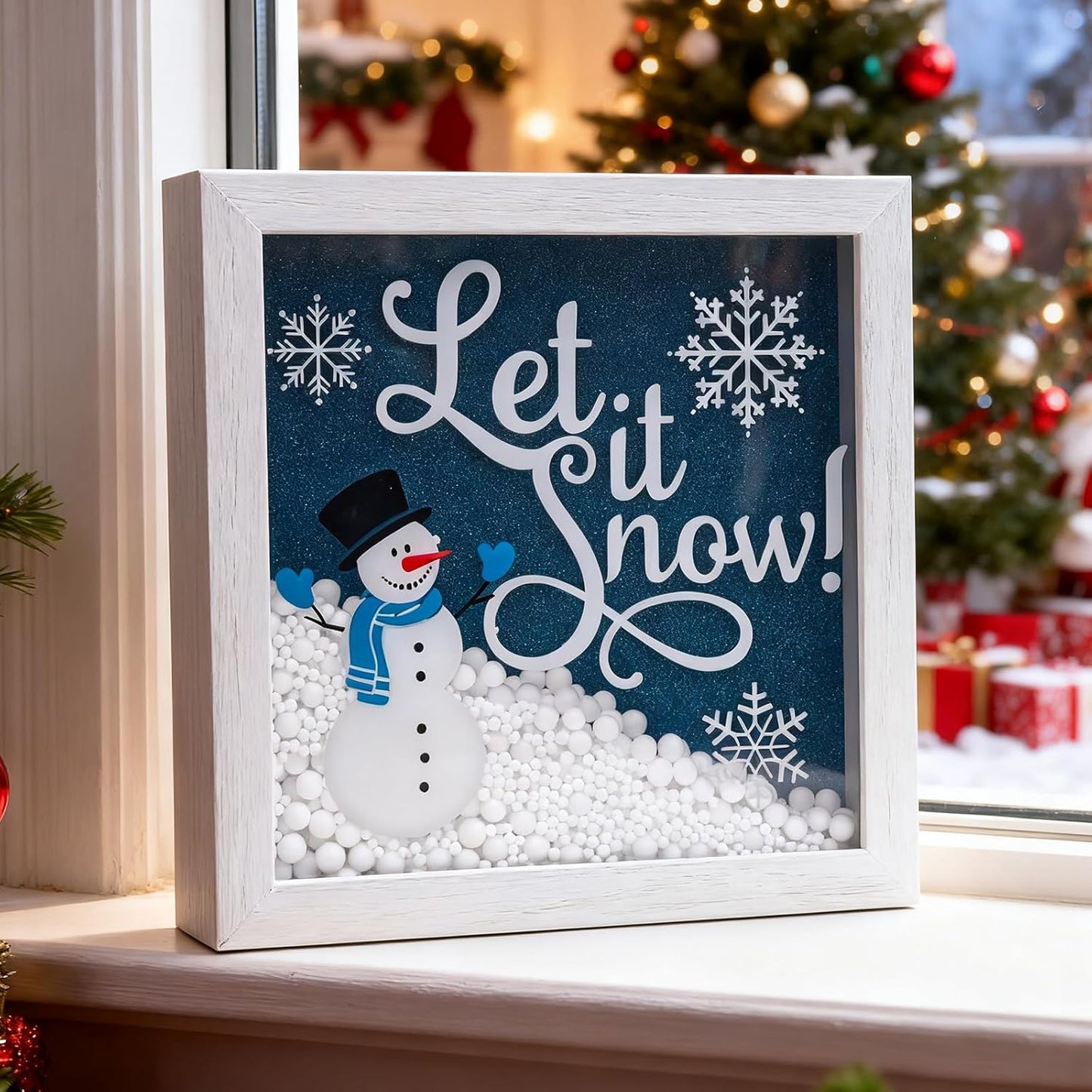 Christmas Wooden Tabletop Sign Blue Snowman with Snowflake Block Sign Xmas Table Centerpiece for Winter Holiday Party Home Shelf Fireplace Mantle Decoration