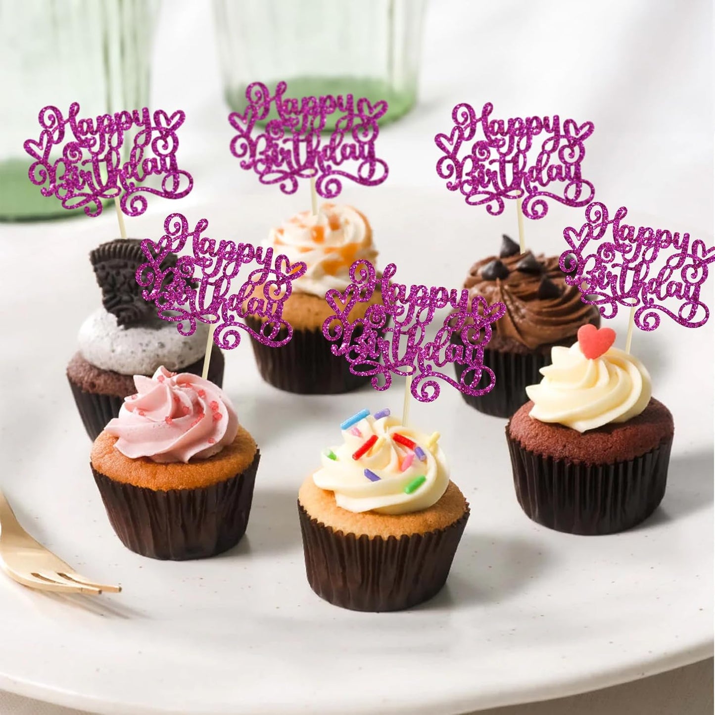 Gyufise 24Pcs Happy Birthday Cupcake Toppers Glitter Happy Birthday Cupcake Picks for Celebrating Happy Birthday Party Decor Anniversary Theme Party Cake Decorations Supplies Purple