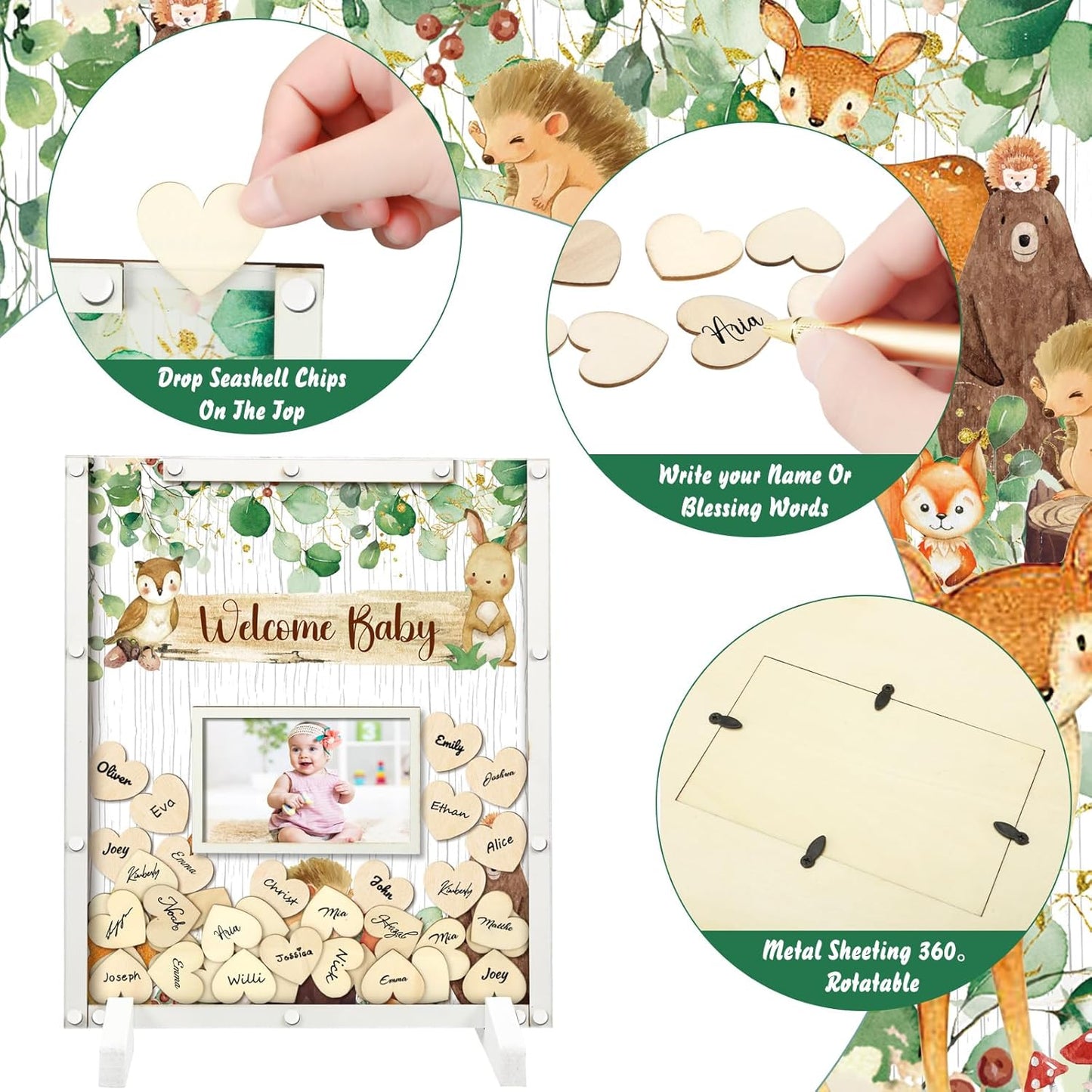 65 Pcs Woodland Animal Baby Shower Guest Book Alternatives He or She Gender Reveal Baby Shower Decorations Sign in Guest Book with Picture Frame and 60 Wooden Chip