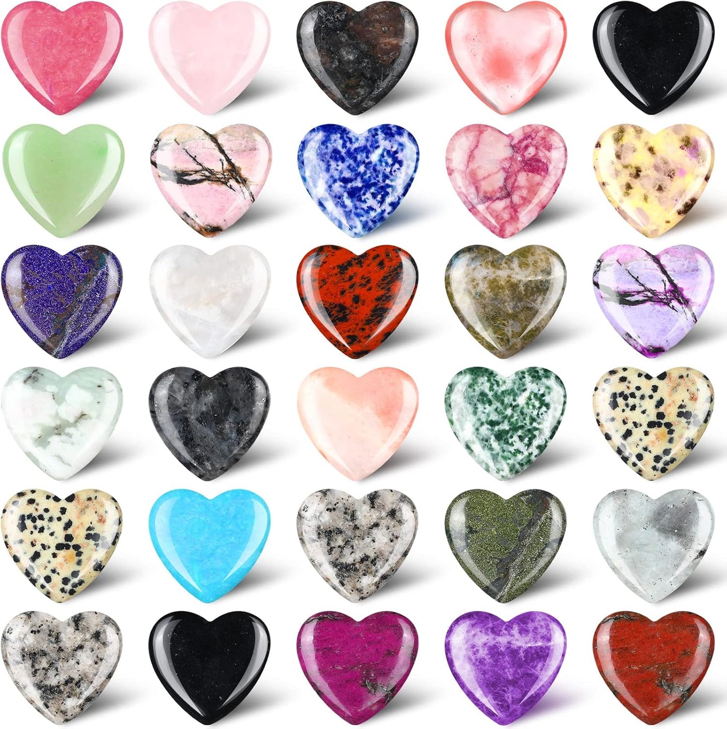 Nuenen 30 Pcs Heart Shape Crystals Bulk 1.2 Inch Gemstone Heart Worry Stone Love Rocks Quartz Wholesale Love Pocket Palm for Christmas Stress Relief Witchcraft Women Gift (Classic Color)