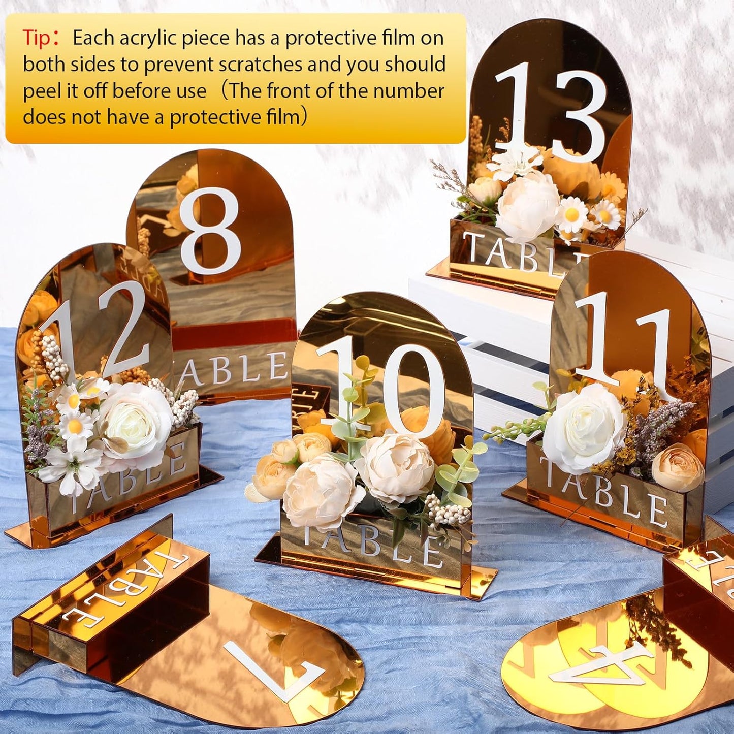 Table Number 1-15 for Wedding Reception Arch Acrylic Wedding Table Number with Flower Trough 5" x 7" Mirrored Rustic Centerpiece for Reception Bridal Shower Party Catering Banquet(Gold)