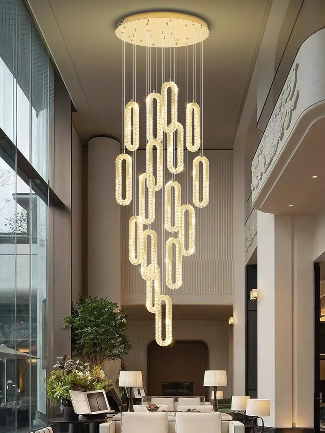 H138 Large Chandelier for High Ceiling,Modern 16-Rings Crystal Chandeliers for Entryway,Gold Pendant Light for Living Room,Foyer,Entryway LED Dimmable Staircase Chandelier