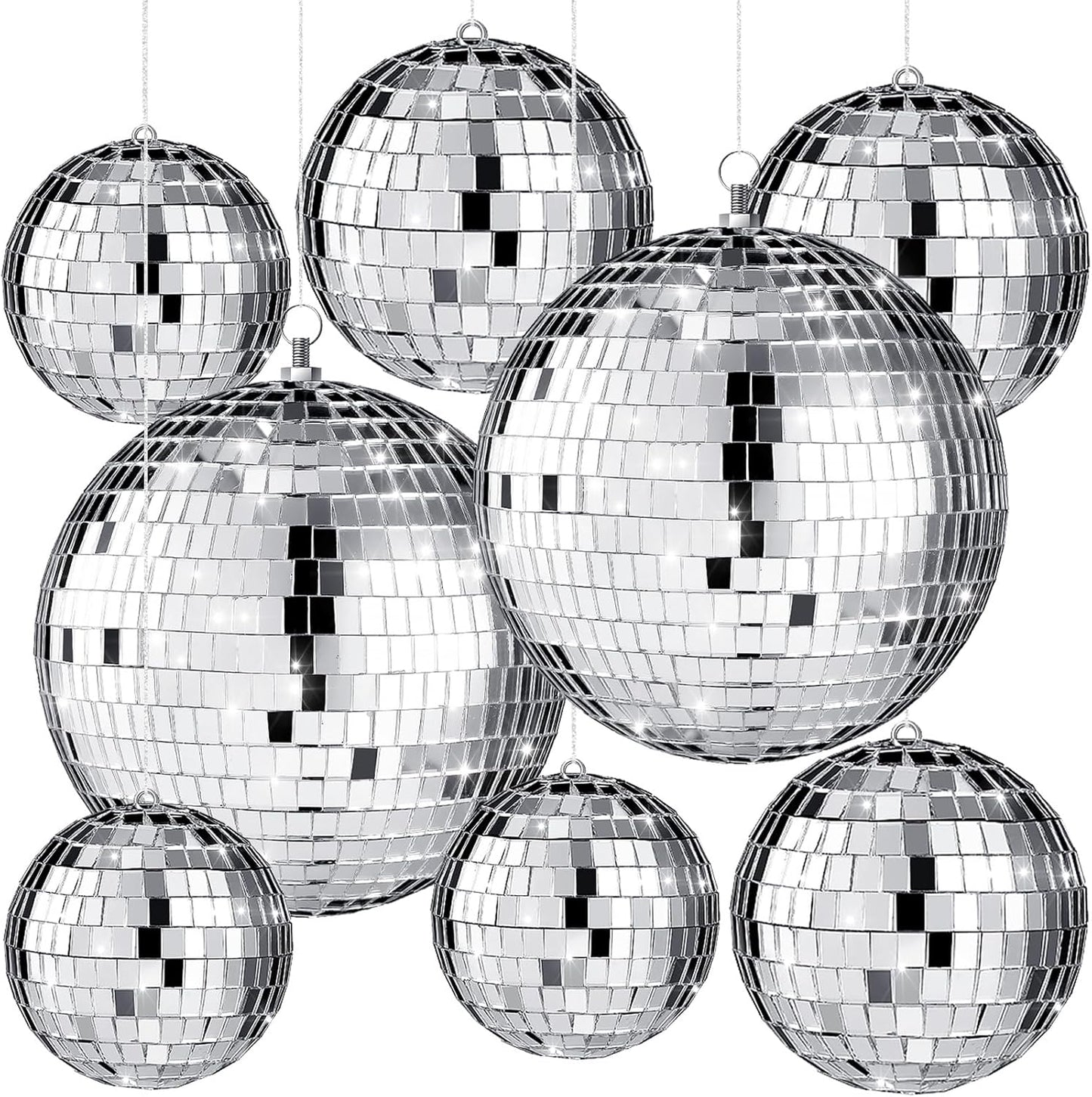 Haull 8 Pcs Large Disco Ball Set Silver Mirror Disco Reflective Ball with Hanging Ring Party Ornament Decoration for Stage Club Ballroom Dance Hall Wedding Prom Props(3'', 4'', 6'')