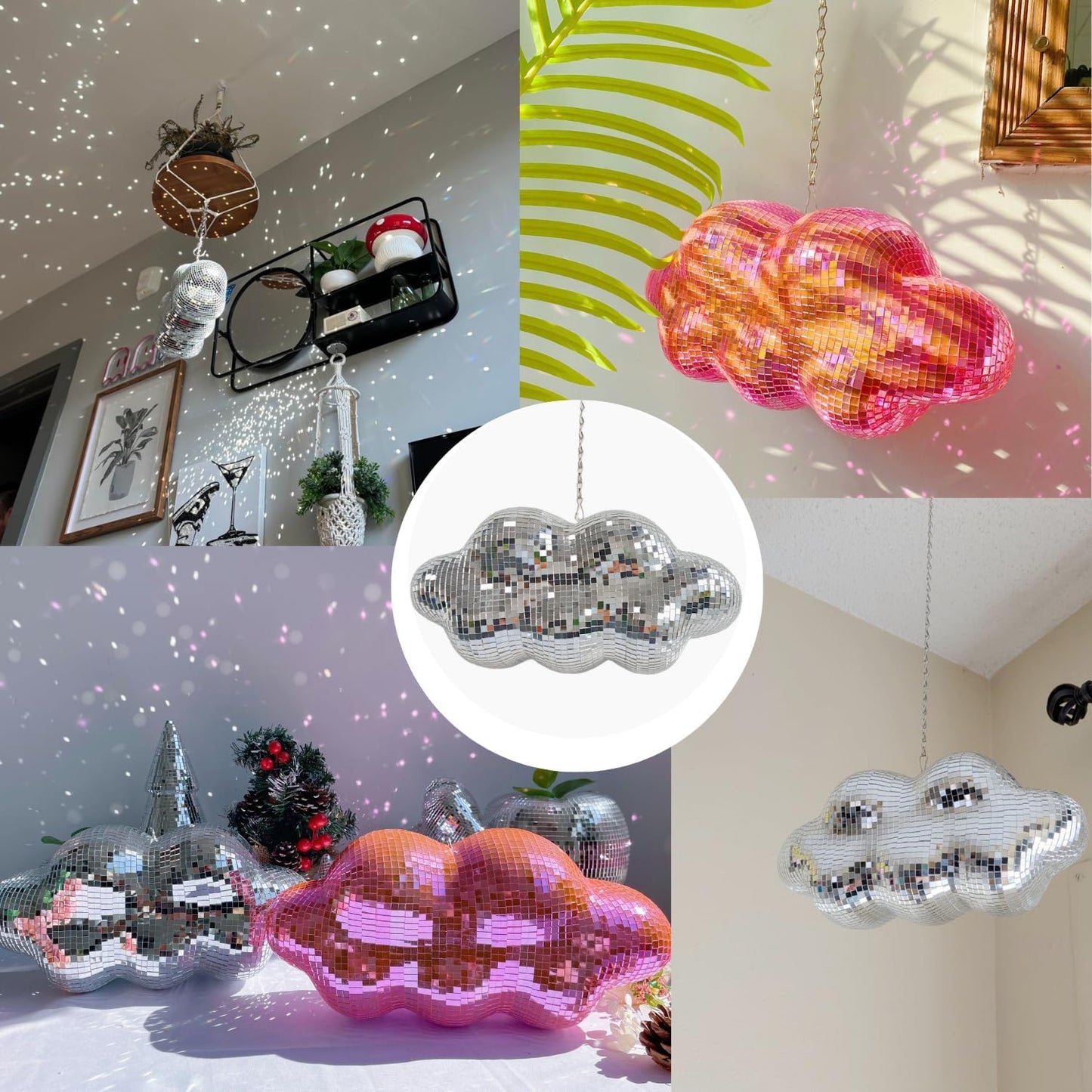 Disco Ball Cloud Shaped, Cute Hanging Party Mirror Decor with Chain, Retro Light Reflective Ball for Party Home Decor, Disco Mirror Ornaments, Silver, Design Patent
