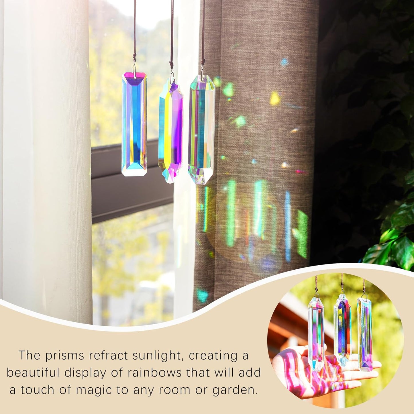 3PCS Crystal Suncatcher Prism for Window,120mm/5'' Rectangle AB Colored Crystal Stick Rainbow Maker Prisms Garden Hanging Sun Catcher
