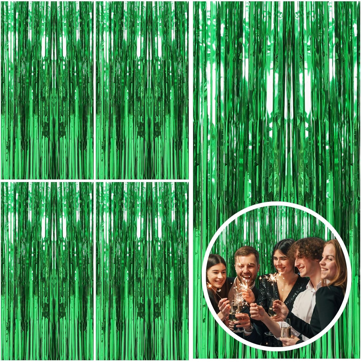 5 Pack Green Streamers Backdrop Jungle Party Decorations Foil Fringe Backdrop Curtains Photo Booth Backdrop for Birthday Dinosaur Animal St Patrick's Day Football Christmas Party Decorations