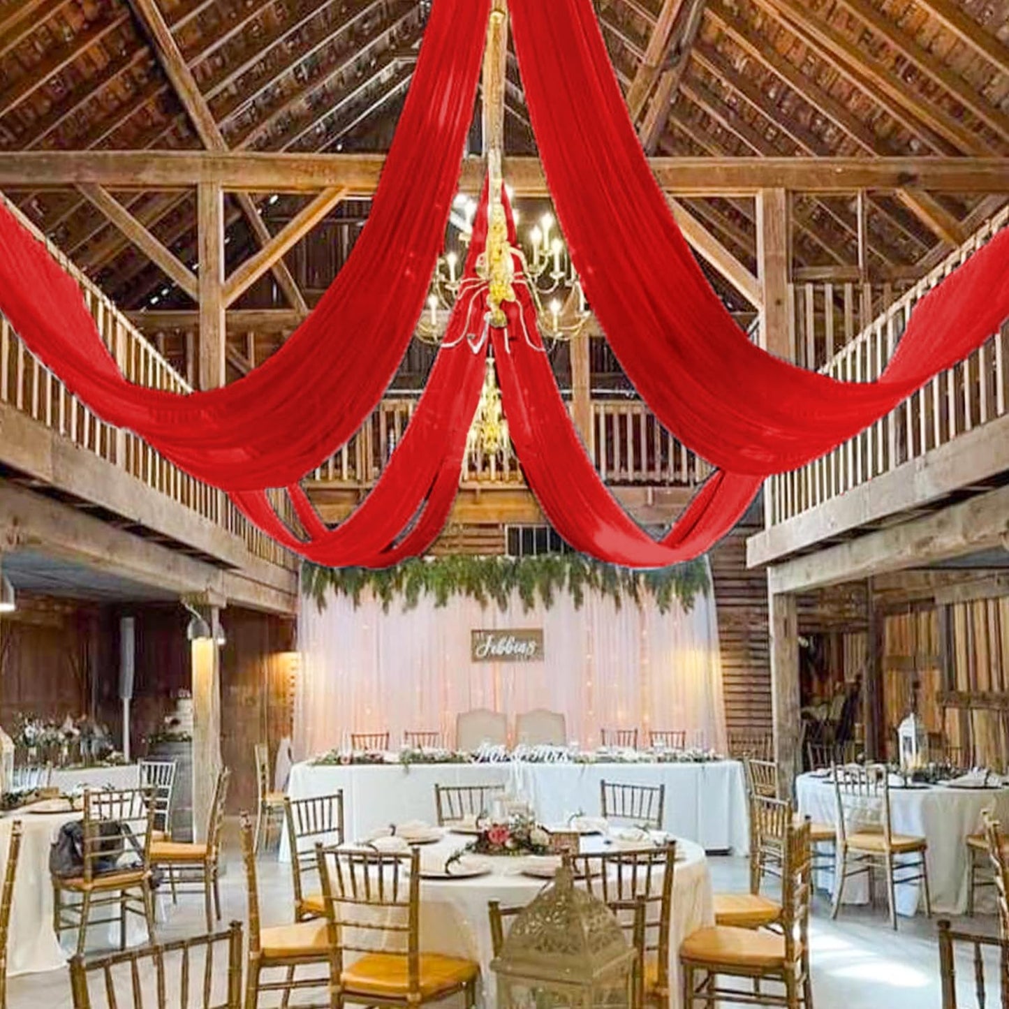 MODFUNS Red Ceiling Drapes for Parties Wedding Ceiling Drapery 2 Panels 5x20FT Chiffon Curtain for Backdrop Wedding Arch Draping Fabric for Ceremony Arbor Ceiling Curtains for Hall Stage Decorations