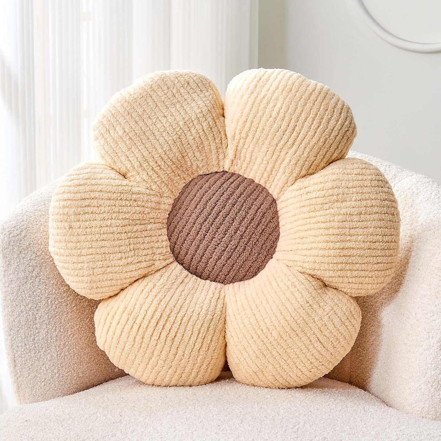 White Brown Flower Pillow, 14.9" Cute Flower Shaped Floor Pillow, Aesthetic Floral Plush Daisy Decorative Throw Pillows for Bed Sofa Couch