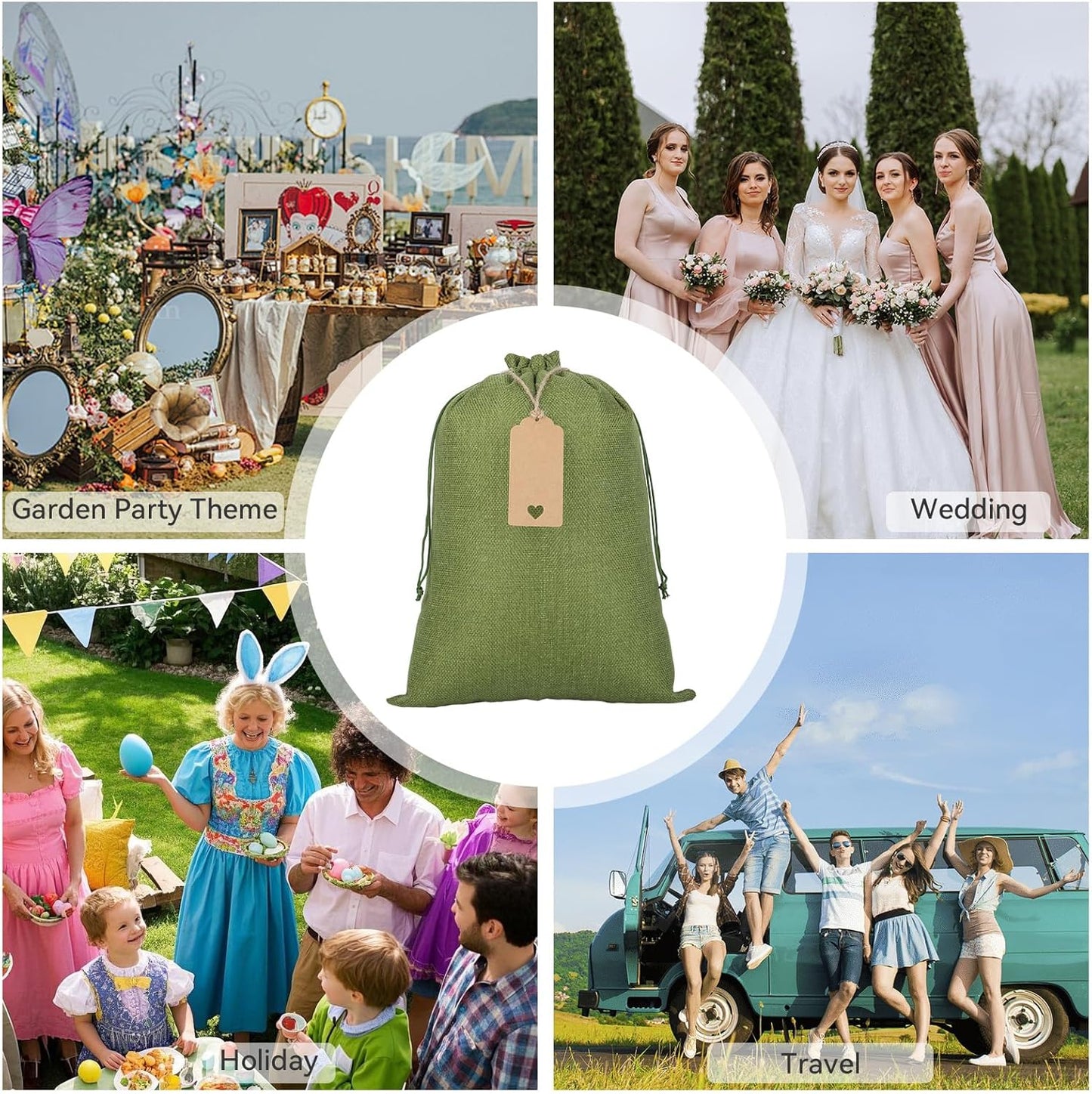 Tapleap Burlap Bags with Drawstring - 10Pcs 10x14 Green Gift Sacks for Wrapping Halloween Favors, Clothes, Toiletries, Breads, Root Ball, For Birthday, Wedding, Party or Household Use