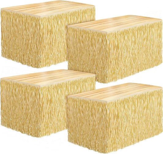 Fovths 4 Packs Luau Grass Table Skirt Fringe Straw Grass Skirt 108 x 30 Inch Hibiscus Hawaiian Table Skirts Rectangle Tropical Luau Party Decorations for Hawaiian Luau Decorations
