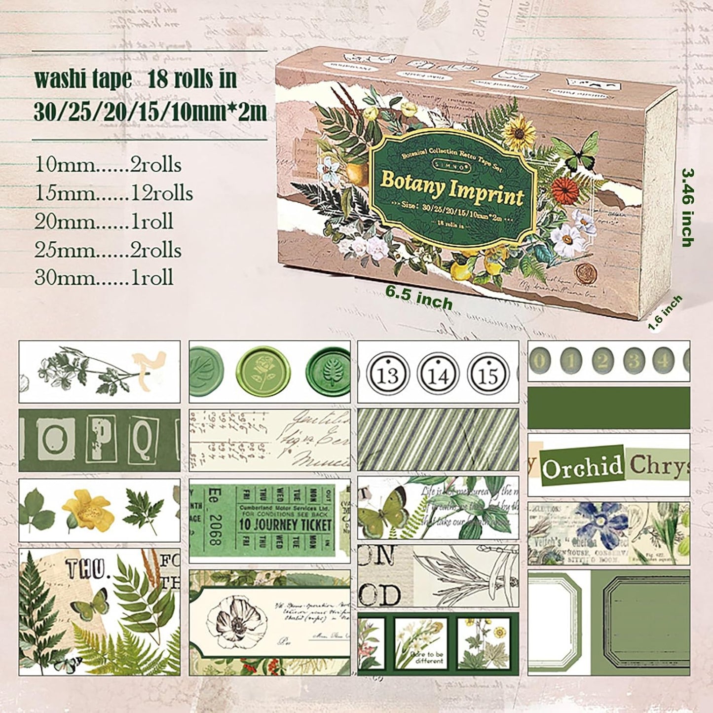 18 Rolls Botanical washi Tape Set for Crafts and Journaling DIY Scrapbooking Supplies Flower washi Tape for Scrapbooking Decorating Tape