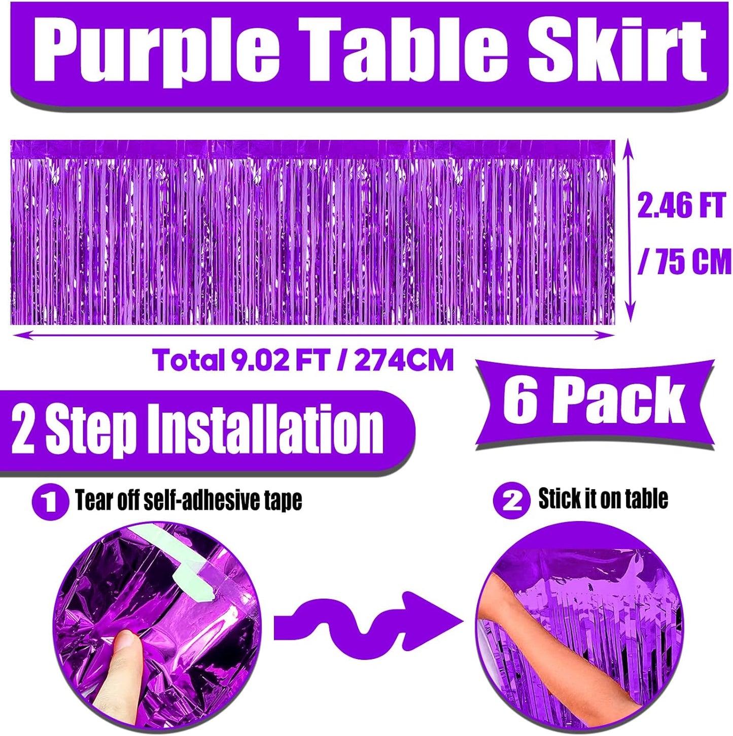6 Pack 29x108 Inch Metallic Foil Fringe Tinsel Table Skirts Banner for Rectangle Tables Streamer Garland Curtains Backdrop for Wedding, Birthday, Parade Floats, Halloween Party Decoration(Purple)
