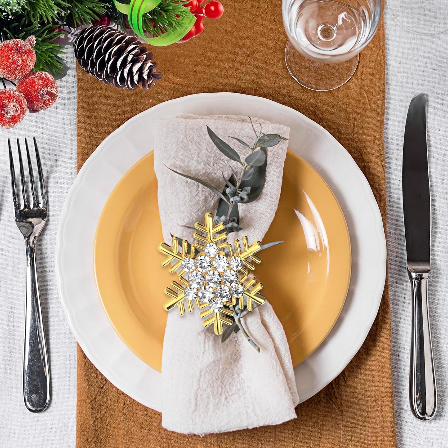 Halatool Christmas Napkin Rings Set of 12, Gold Snowflake with White Rhinestone Napkin Holder for Christmas Thanksgiving Winter Holiday Place Setting, Weddings, Party Table Decoration