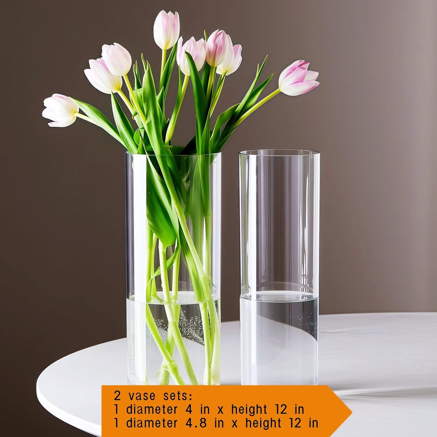 2 Acrylic Cylinder Clear Vase for Centerpieces, Tall Large Unbreakable Plastic Flower Vases for Home Decor (D 4.8" X H 7.8" - H 12" + 2 Holder)