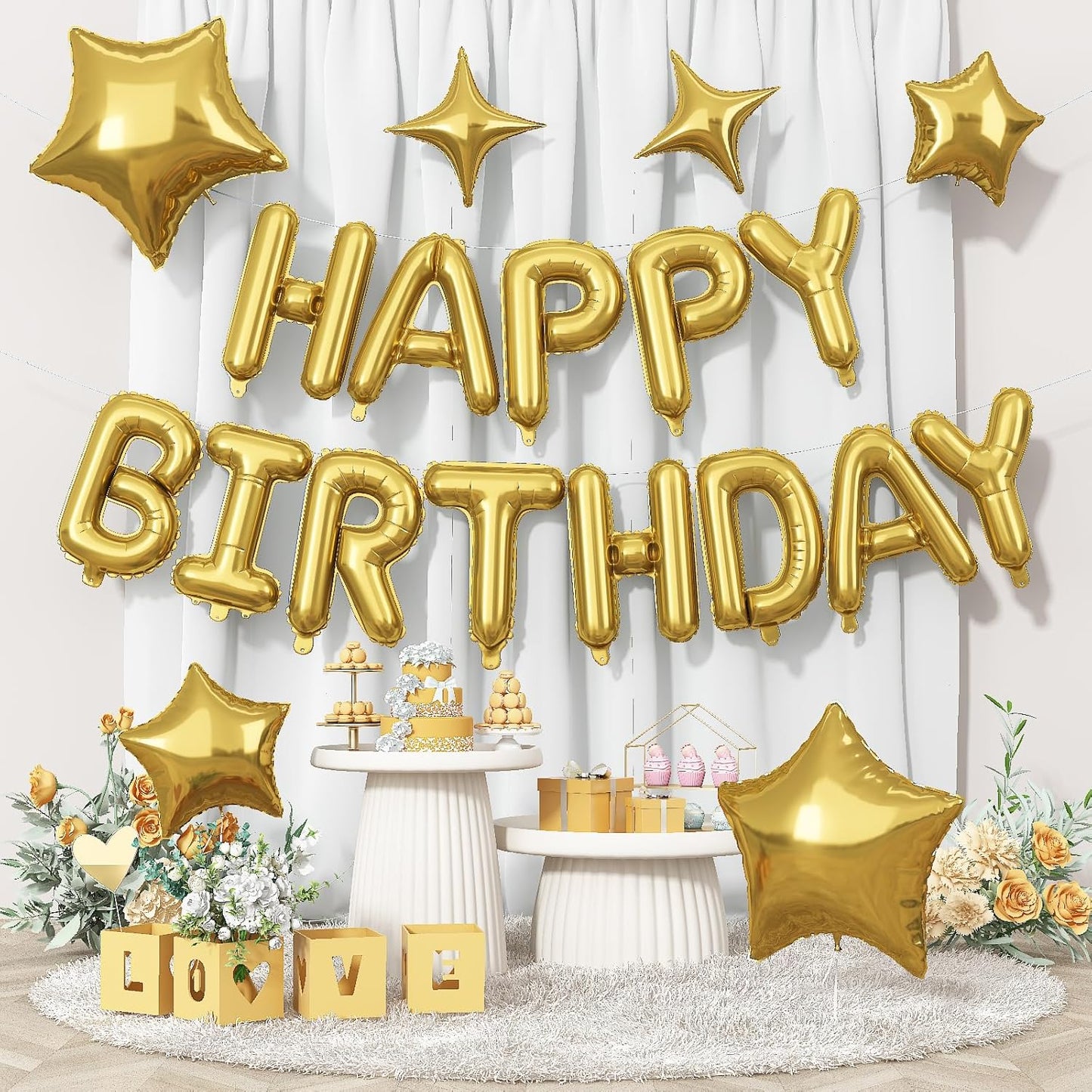 Gold Happy Birthday Balloon Banner, 16 Inch Mylar Foil Letter Balloons, Reusable Birthday Decorations with Gold Star Foil Balloons, Inflatable Party Supplies for Men Women Boys Girls Decorations