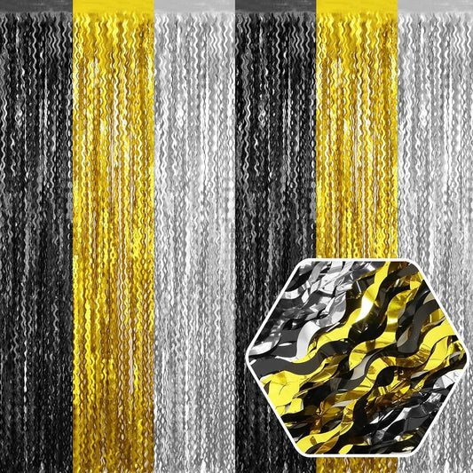 4 Pack Black Gold Silver Wave Foil Fringe Curtain Backdrop, 3.28Ft x 8.2Ft Metallic Tinsel Foil Fringe Streamer Curtains for Photo Booth, Mother's Day, Easter, Birthday, Wedding Party Decoration