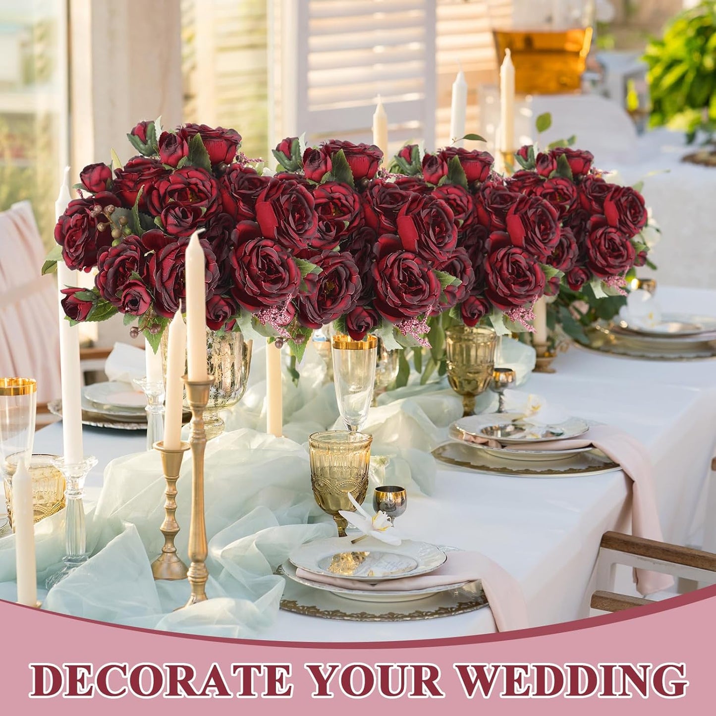 8 Bundles Artificial Peonies Flowers Boho Faux Flowers Arrangements Artificial Centerpiece Spring Bouquet Floral Wedding Decoration for Vase(Burgundy)