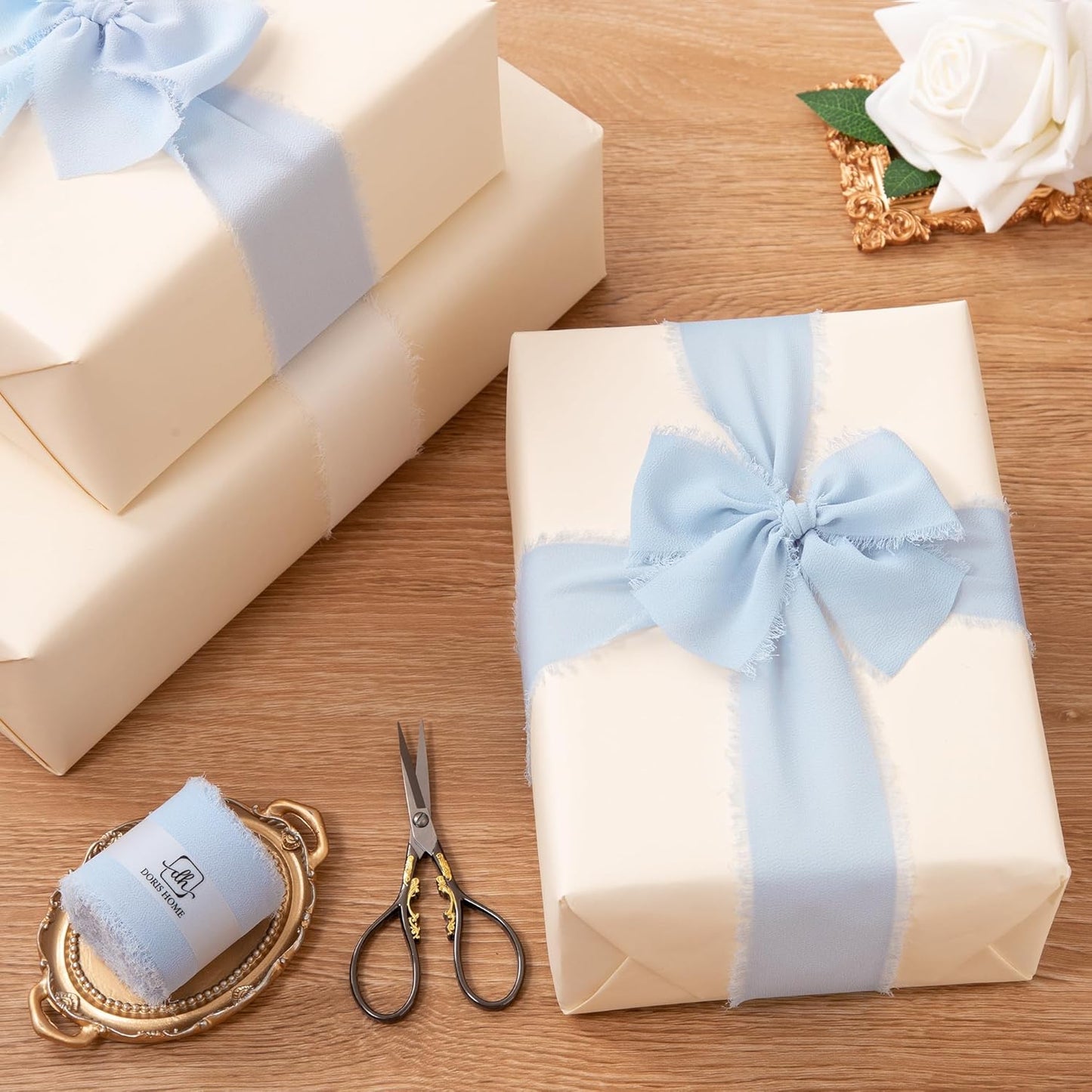 DORIS HOME Baby Blue Chiffon Ribbon for Flower Bouquet, 2" x21Yd Fabric Ribbon for Gift Wrapping, Handmade Frayed Ribbon for Wedding/Christmas Decorations