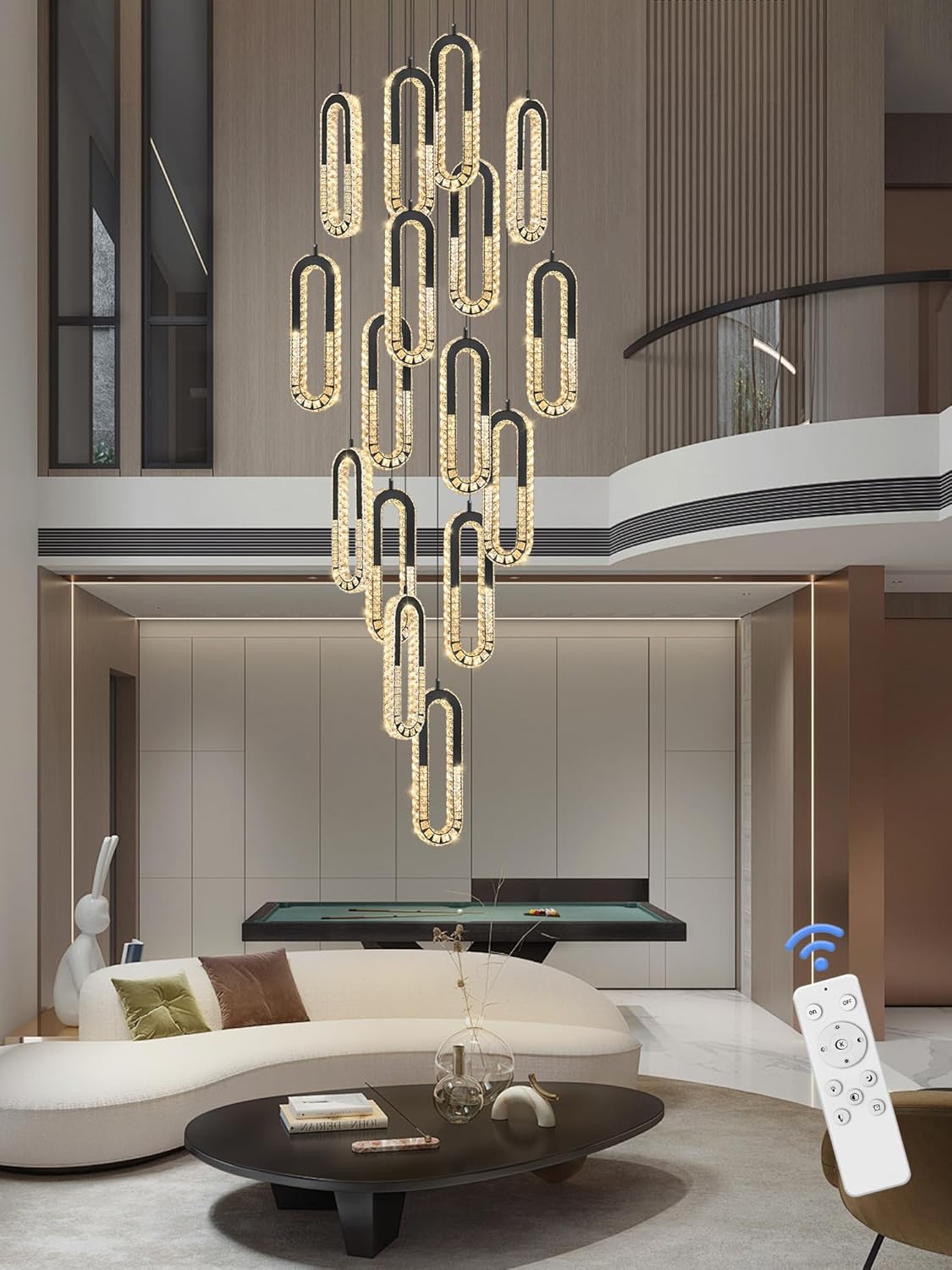 Large Staircase Crystal Chandeliers 16-Light Modern foyers Entrance 150" Long Chandeliers for High Ceilings Dimmable 2700K-6000K