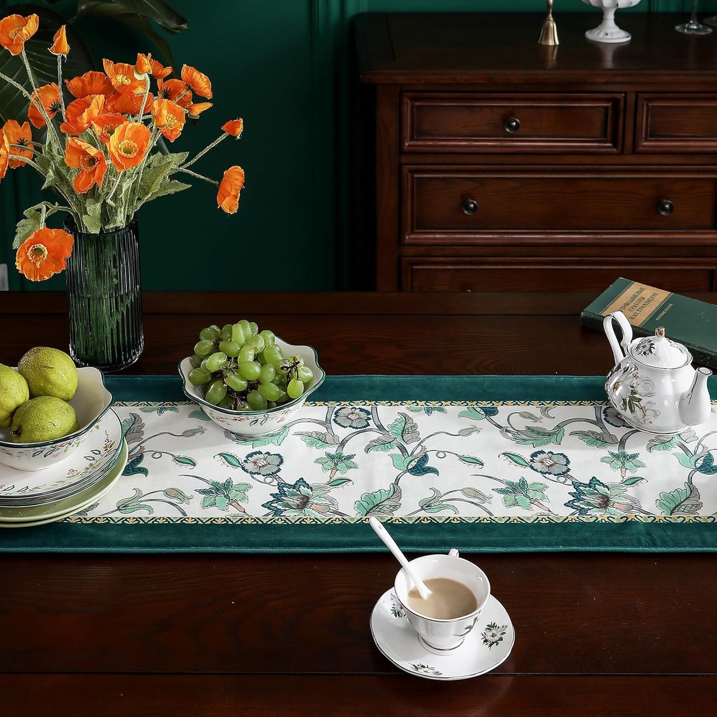 patdrea Designer Elegant French Floral Velvet Table Runner, Teal with Blossoms Pattern Table Mat, Decoration for Kitchen Dining Coffee Table Shelf Cabinet Banquet Thanksgiving,12"*102"