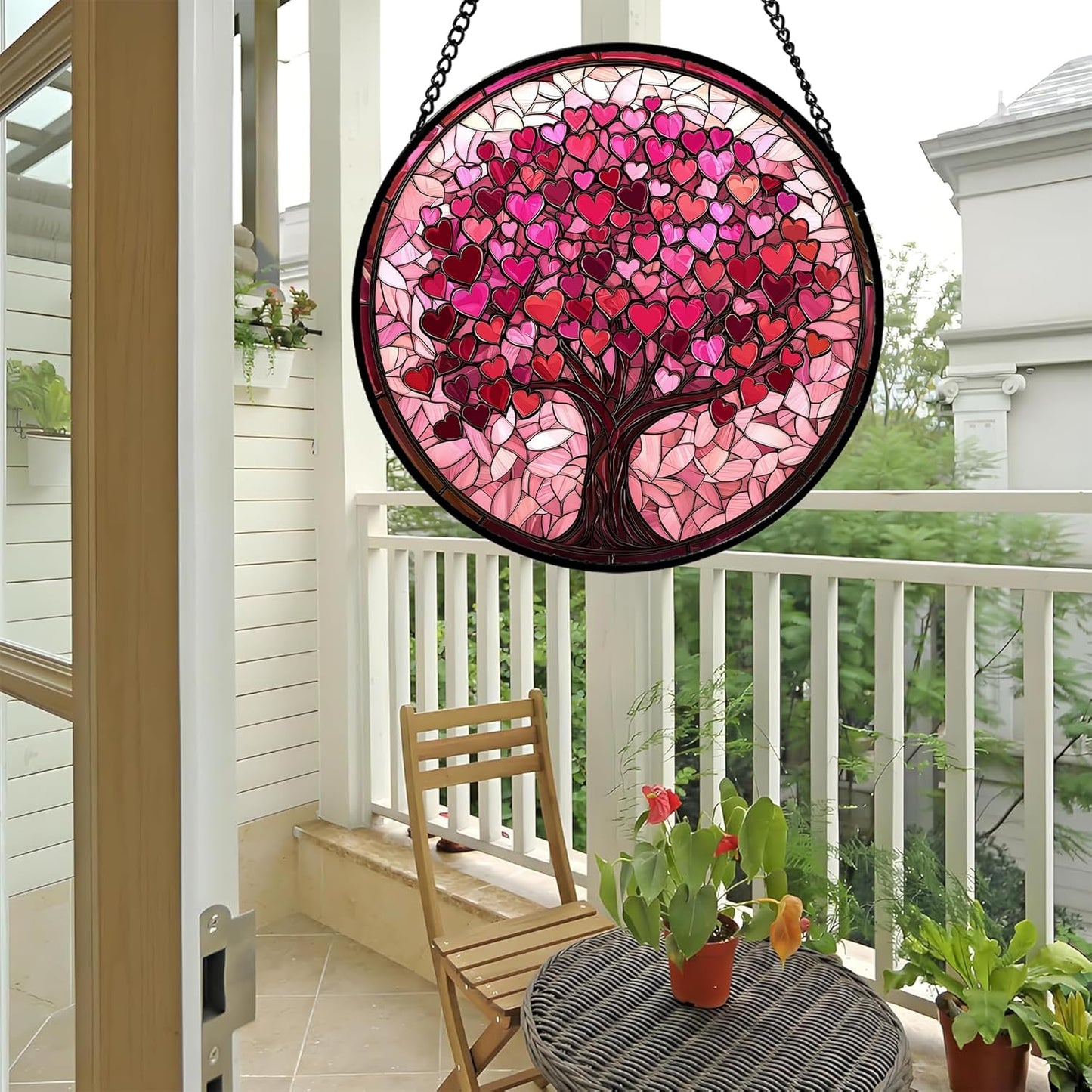 Stained Glass Window Hanging - DASTOLL, Birthday Gifts for Women Men Mom Dad, Pink Love Tree Suncatcher for Doors Window Home Sun Catchers Decor 7.8 in