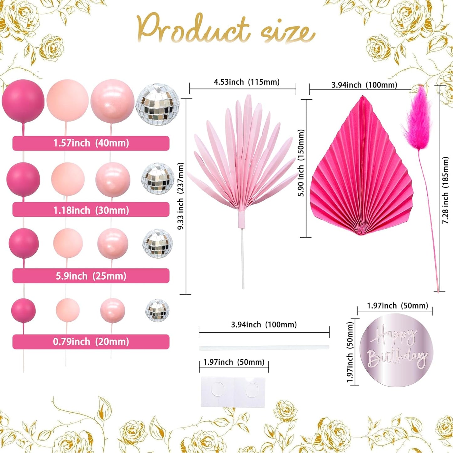 Ephlyn 33 Pack Balls Cake Toppers Boho Palm Leaves Cake Decorations Round Acrylic Happy Birthday Cupcake Toppers for Birthday Wedding Baby Shower Party Supplies Silver Rose Red