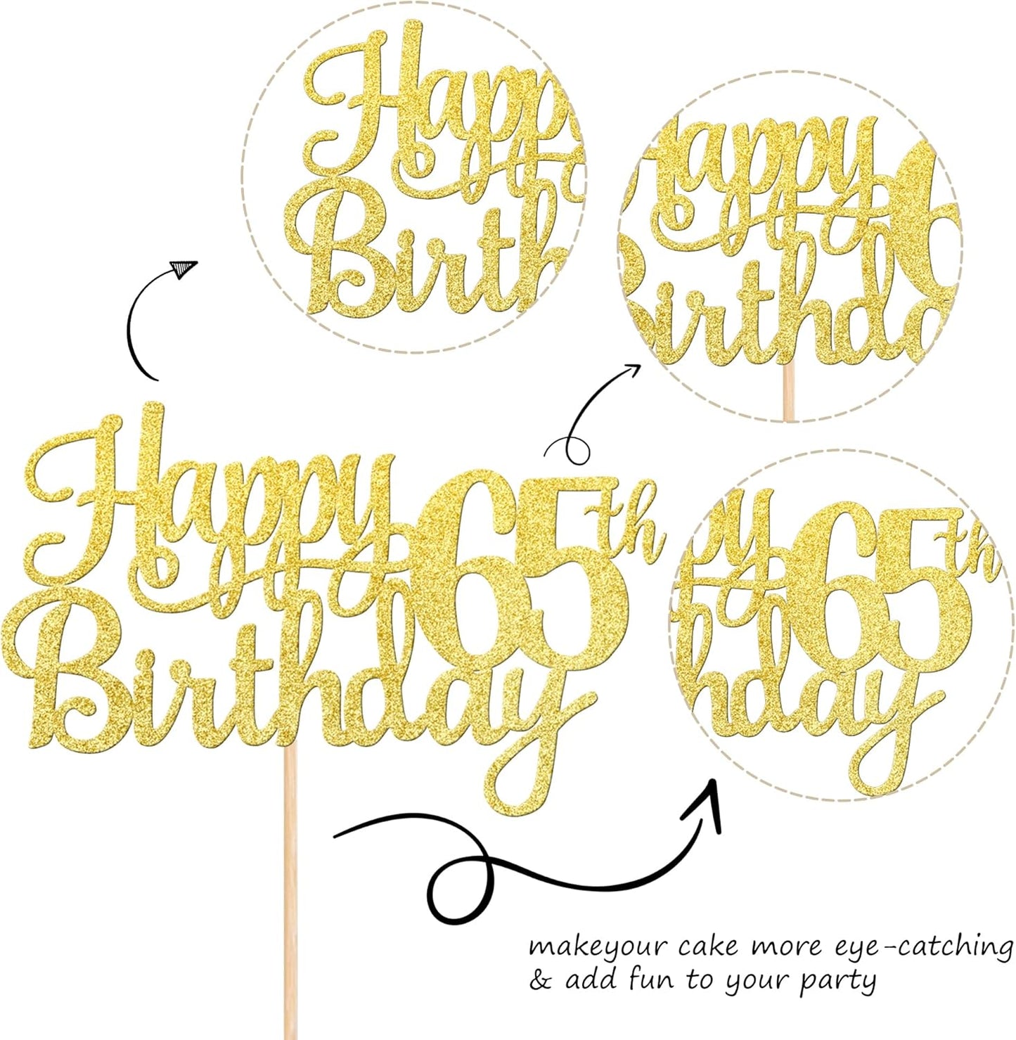 1 PCS Happy 65th Birthday Cake Topper Gold Glitter Cheers to 65 Years Birthday Cake Pick 65 Fabulous Cake Decoration for Happy 65th Birthday Theme Party Decorations Supplies