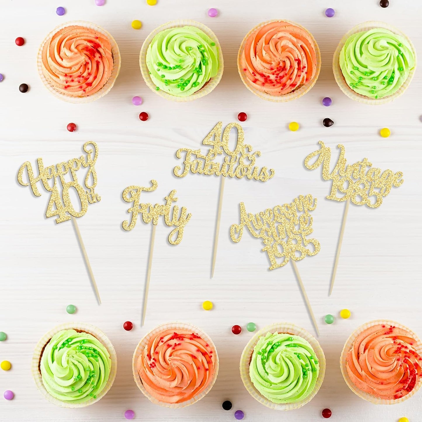 30Pcs Vintage 1985 Cupcake Toppers Glitter Forty Happy 40th Birthday 40 Fabulous Cupcake Picks Cheers to 40 Years for 40th Birthday Wedding Anniversary Party Cake Decorations Supplies Gold