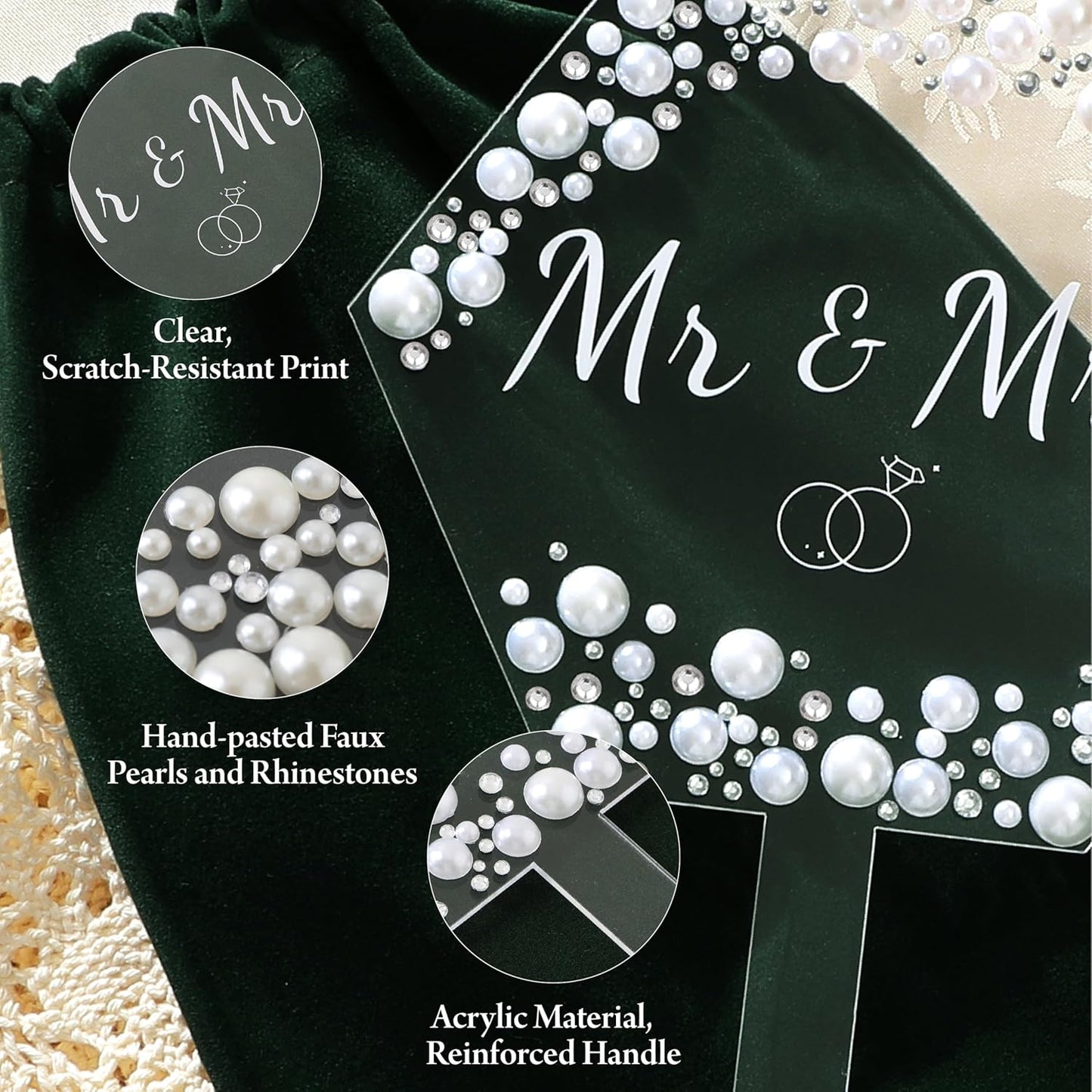 Coucoland Mr and Mrs Cake Topper - Hexagon Wedding Cake Decor with Rhinestones and Pearls for Engagement Bridal Anniversary