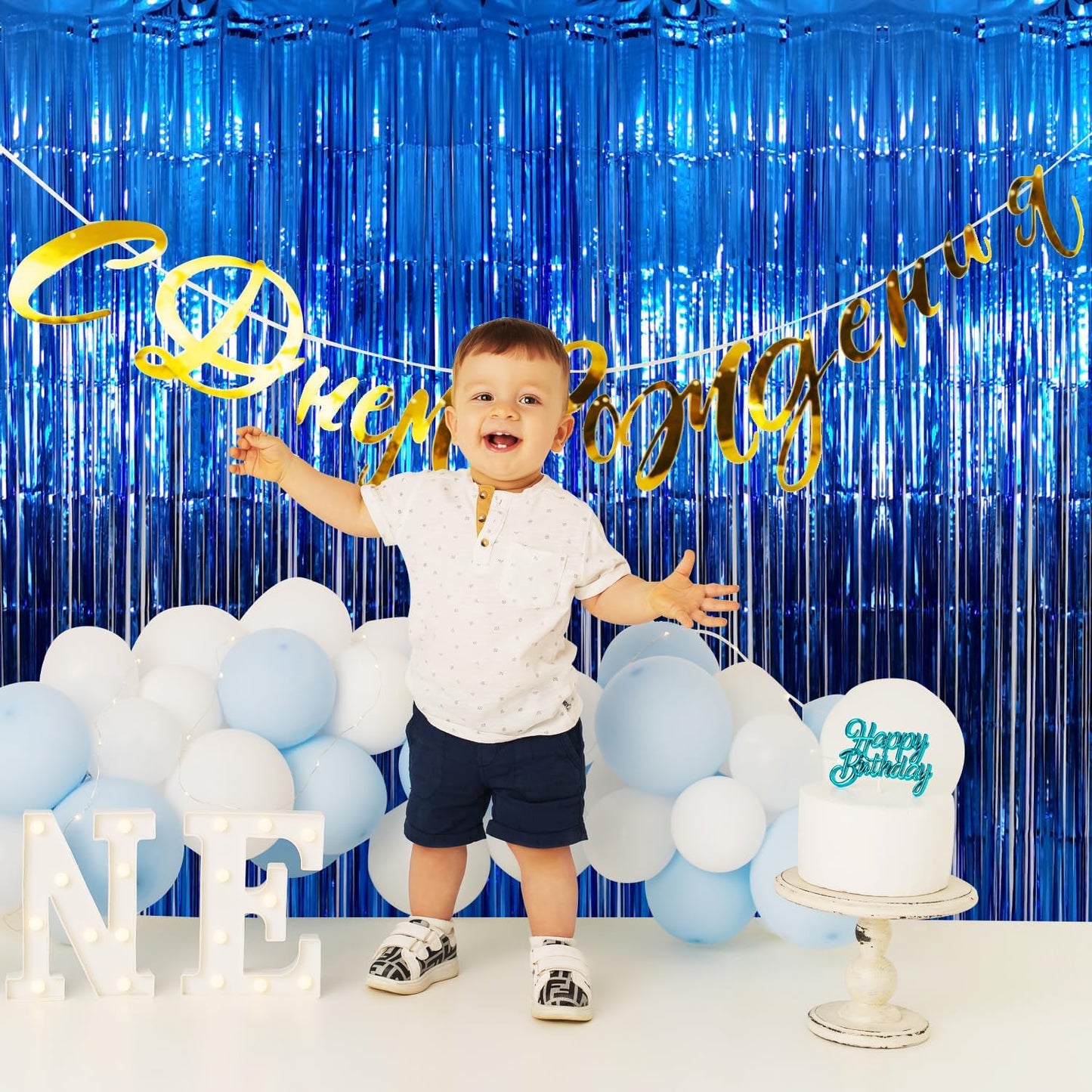 GOER 3.2 ft x 9.8 ft Metallic Tinsel Foil Fringe Curtains Party Photo Backdrop Party Streamers for Birthday,Graduation,New Year Eve Decorations Wedding Decor (Navy Blue,5 pcs)