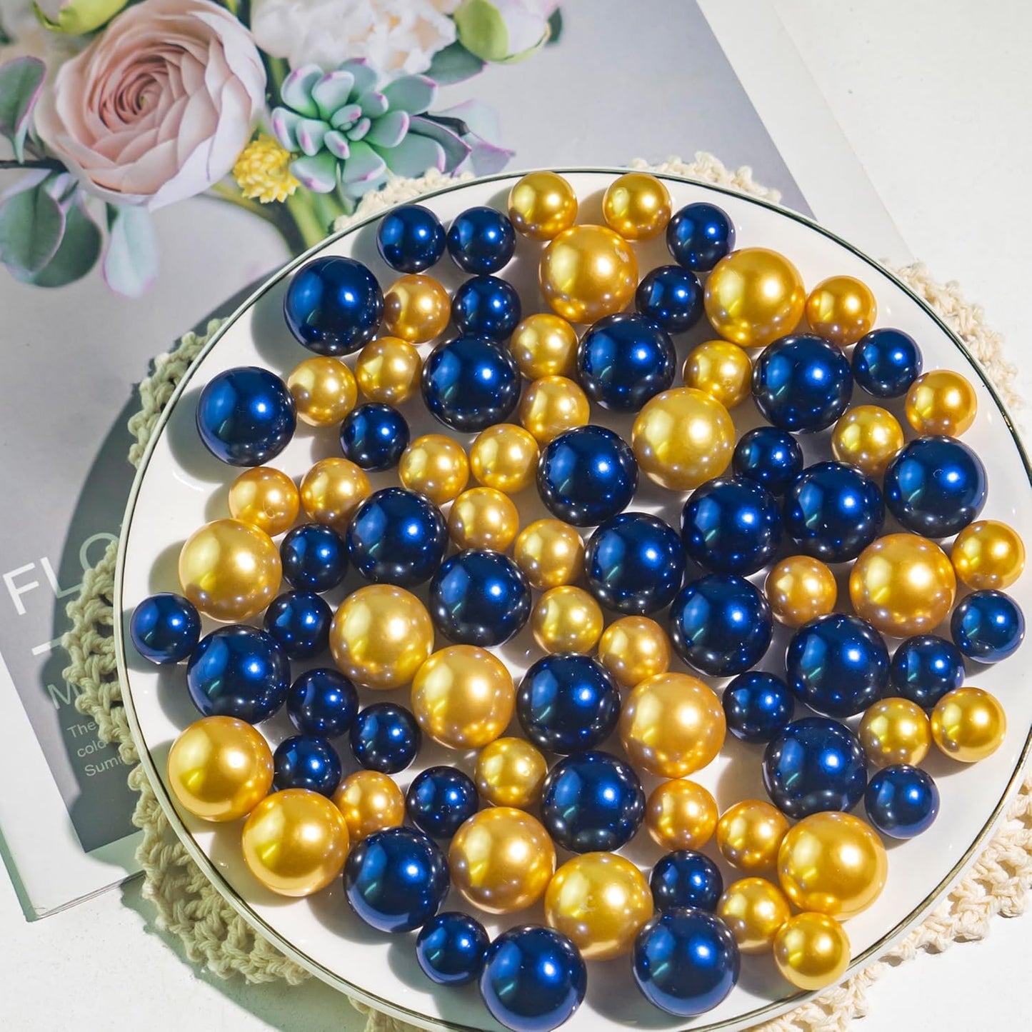 150Pcs Navy Blue&Gold Polished No Hole Faux Pearl Beads for Vase Filling Decorations, Plastic Pearls Vase Fillers, Table Scatters, Wedding Centerpiece, Home Decor, 8/14/20 mm