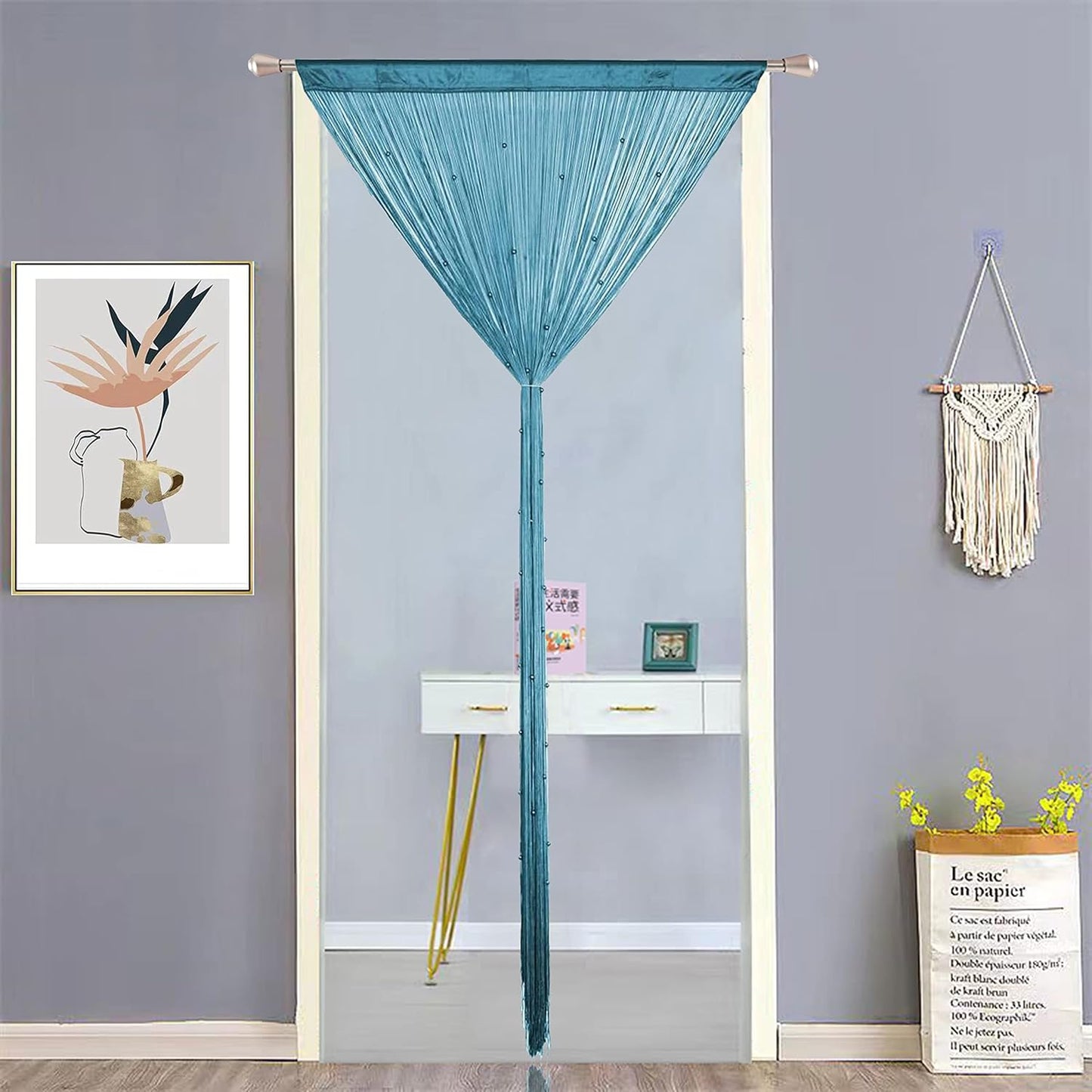 Beaded Curtain Beads Door String Curtains Ideal for Living Room Decor Wall Hanging Fringe Doorway Divider Bedroom Backdrop Hippie Window Closet Privacy Rod Pocket Dense (100x200cm,Teal Blue)