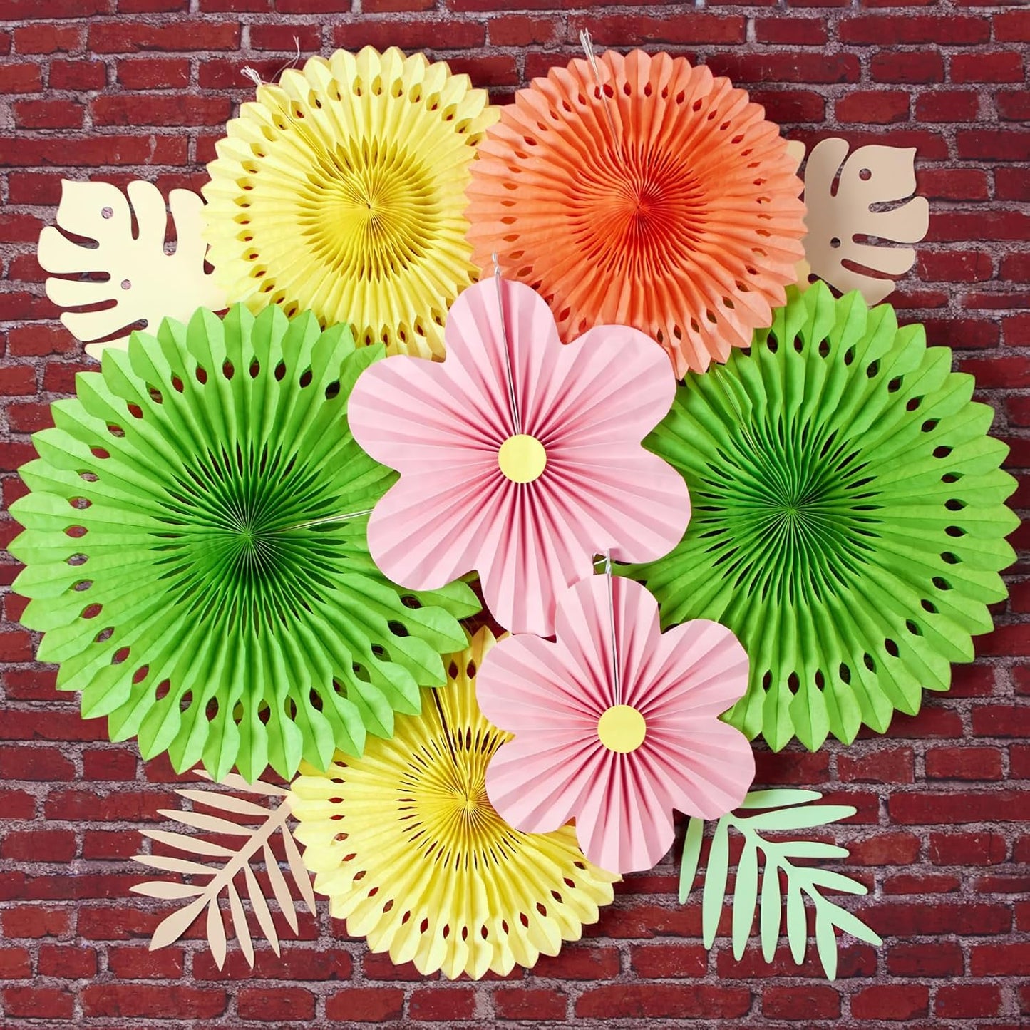 SUNBEAUTY Paper Flowers Pink and Green Party Decorations Hanging Fans Spring Summer Decor for Wall Wedding Backdrop Bridal Shower Birthday - 9Pcs