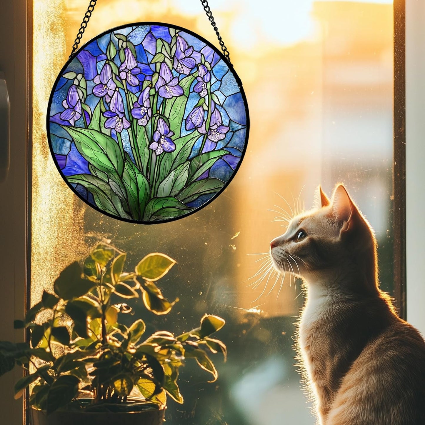 Stained Glass Suncatcher, Blue Purple Flowers Green Leaves Sun Catcher Plants Stain Glass Window Hanging Decoration Mother's Day Birthday Gifts for Women Men Mom and Nana 7.8 in