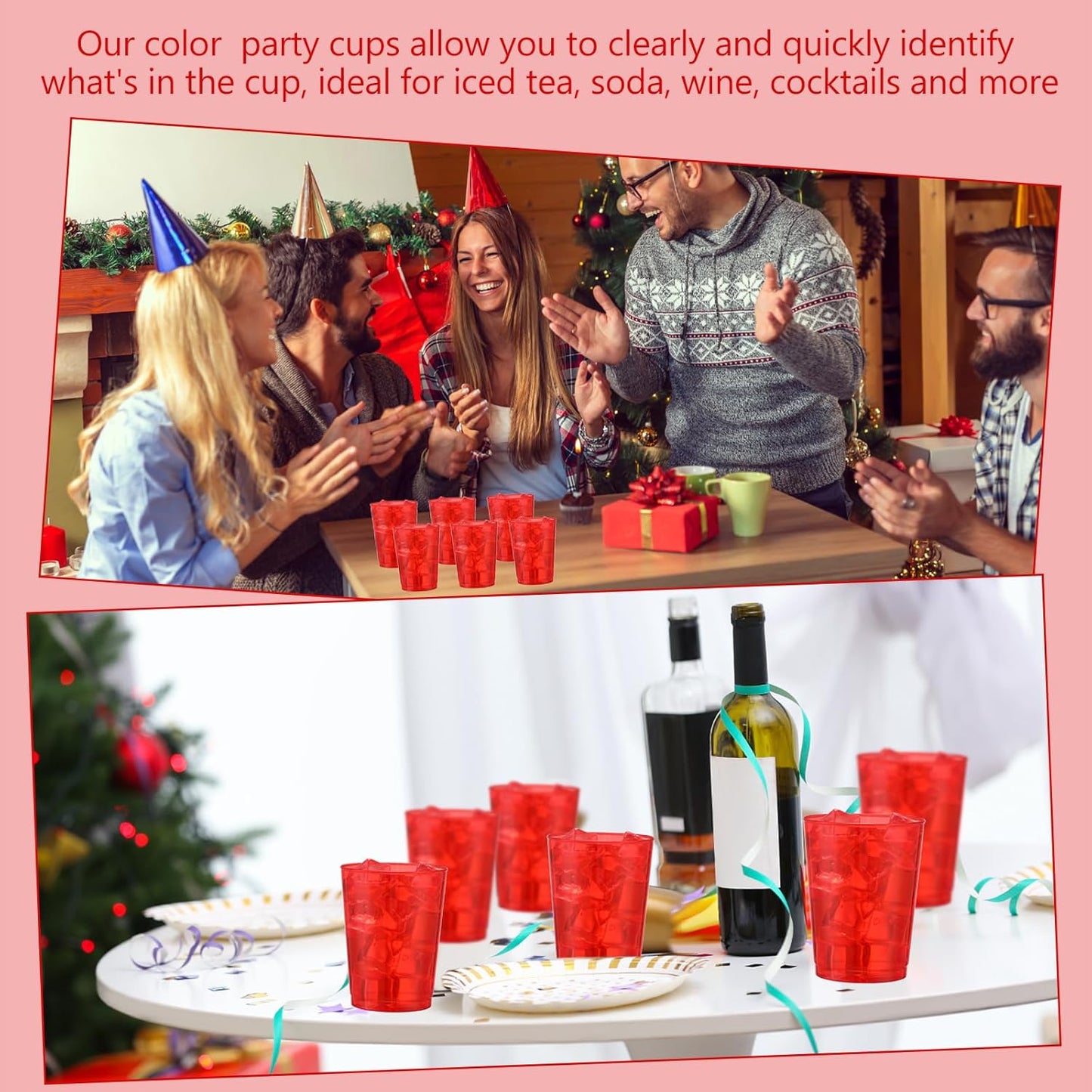 Minatee 100 Count Plastic Cups Disposable Fancy Cups Heavy Duty Wine Cocktail Glasses for Halloween Wedding Christmas Birthday Party Supplies Plastic Drinking Tumblers(Red,10 oz)