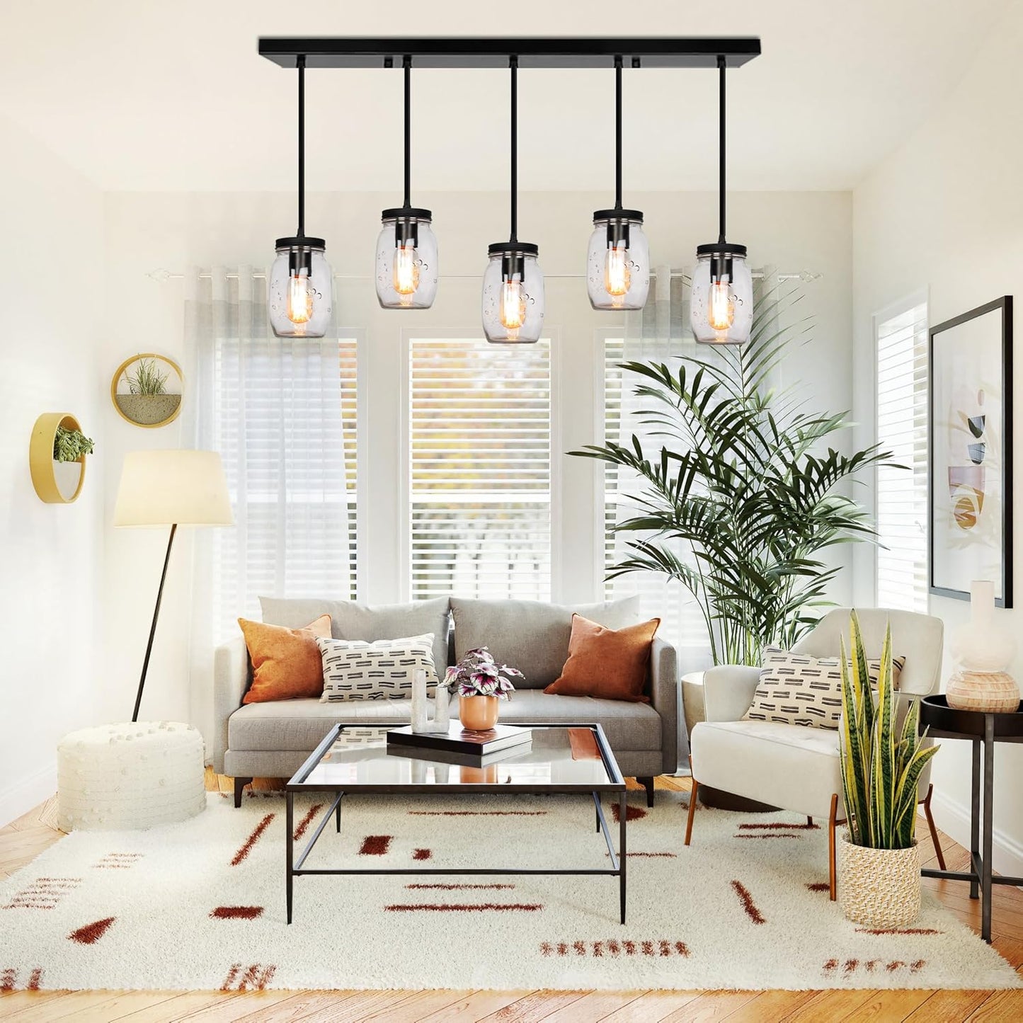Glass Mason Jar Light Fixtures, 5-Light Adjustable Height Pendant Ceiling Lights Flush Mount - Black Country Farmhouse Lights for Kitchen Dining Room Foyer Stairway Hallway Entryway Porch