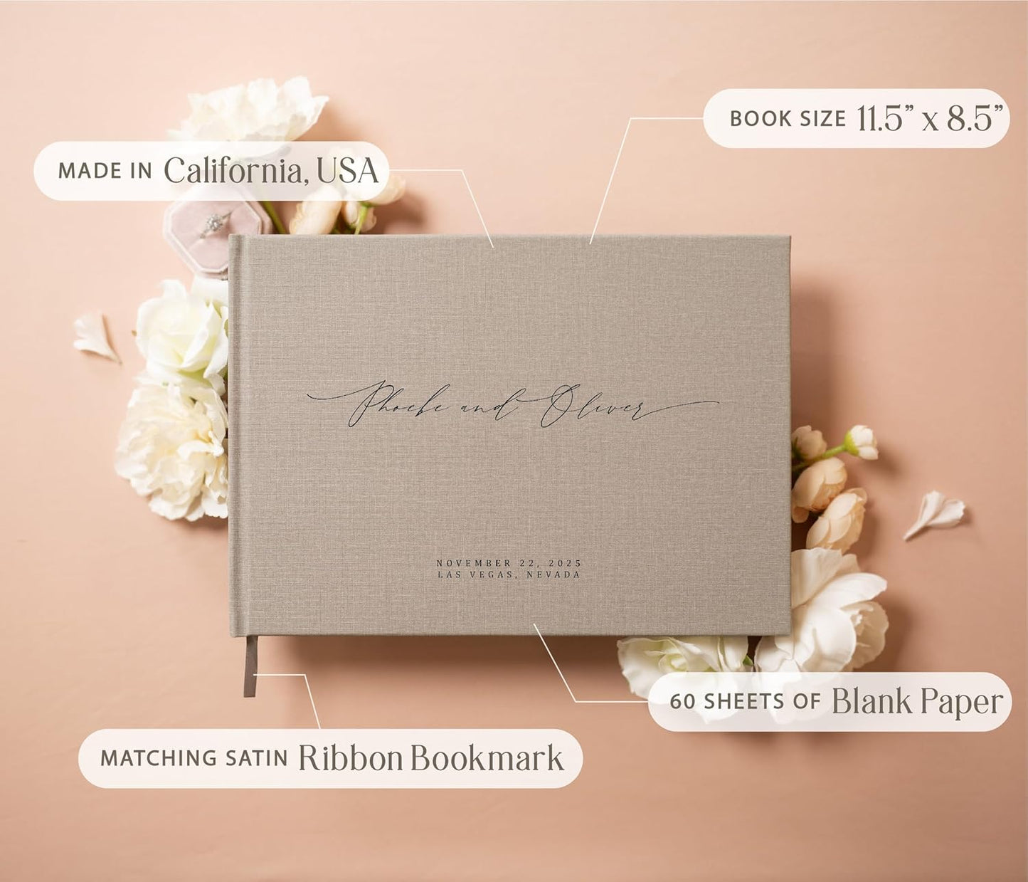 MUUJEE Personalized Guestbook in Gray - Premium Custom Modern Guest Book for Wedding Reception, Birthday Party or Events w/Bookmark Blank Pages for Signing 11.5 x 8.5 inches