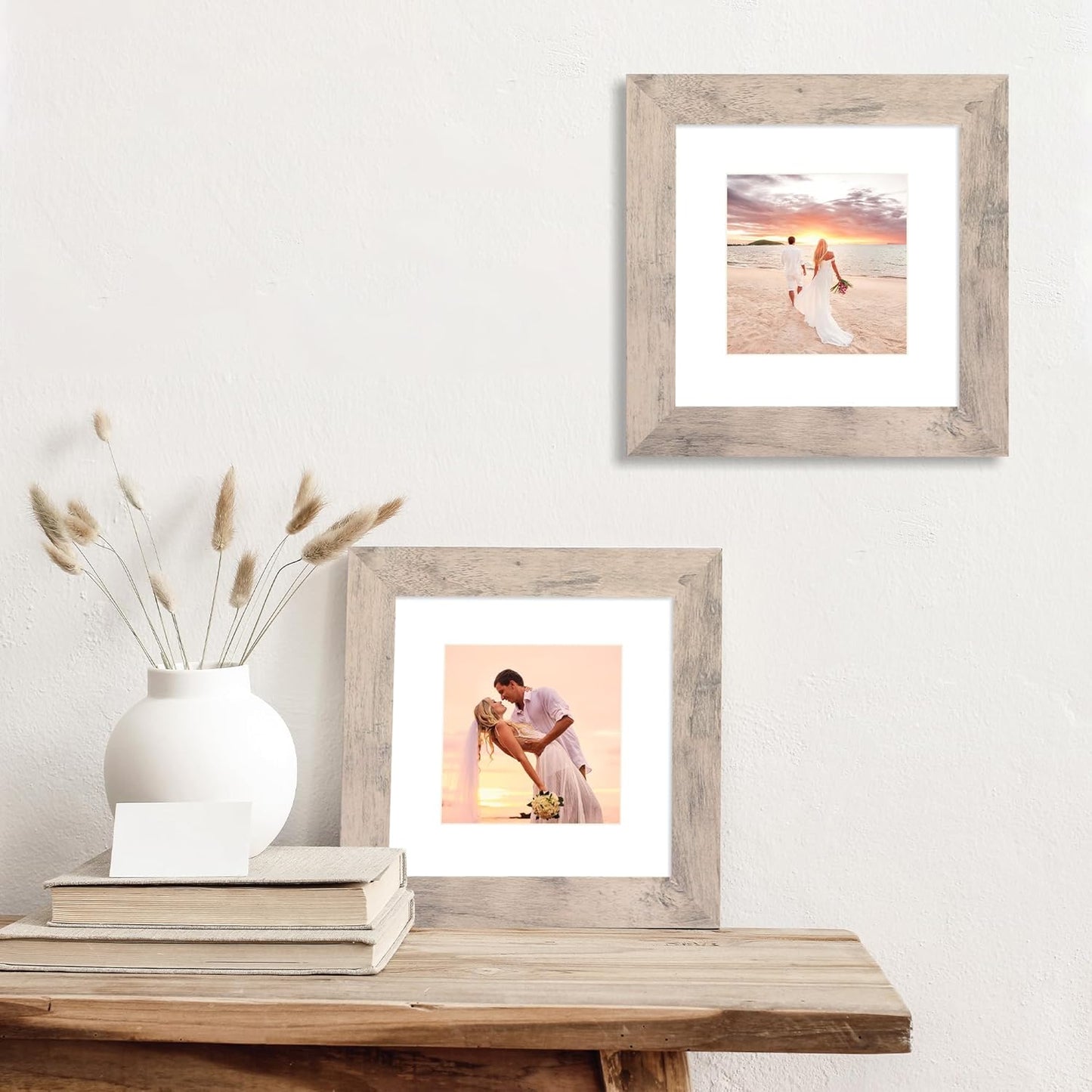 6x6 Picture Frame Set of 4 with High Definition Glass, Smoke Gray Frame Display 4x4 Pictures with Mat or 6 x 6 Without Mat, Wood Square Photo Frame for Wall Mount and Tabletop Display